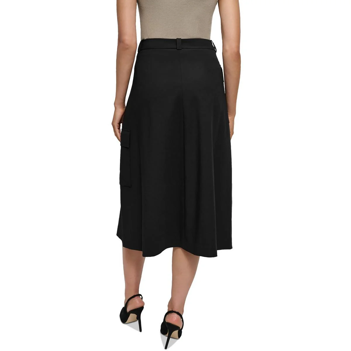 Petites Womens Pocket Polyester Midi Skirt