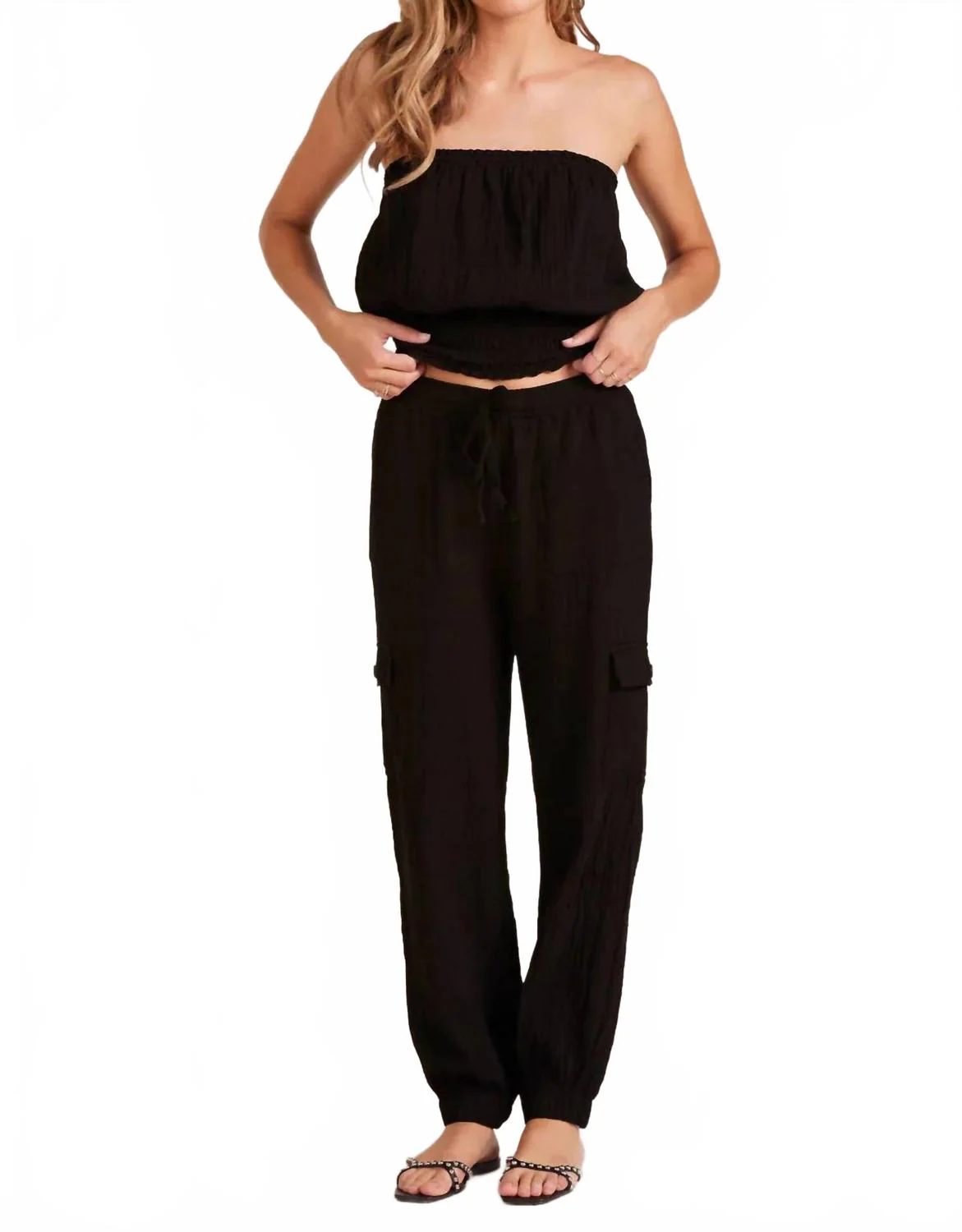 Mixed Drawstring Pants In Black