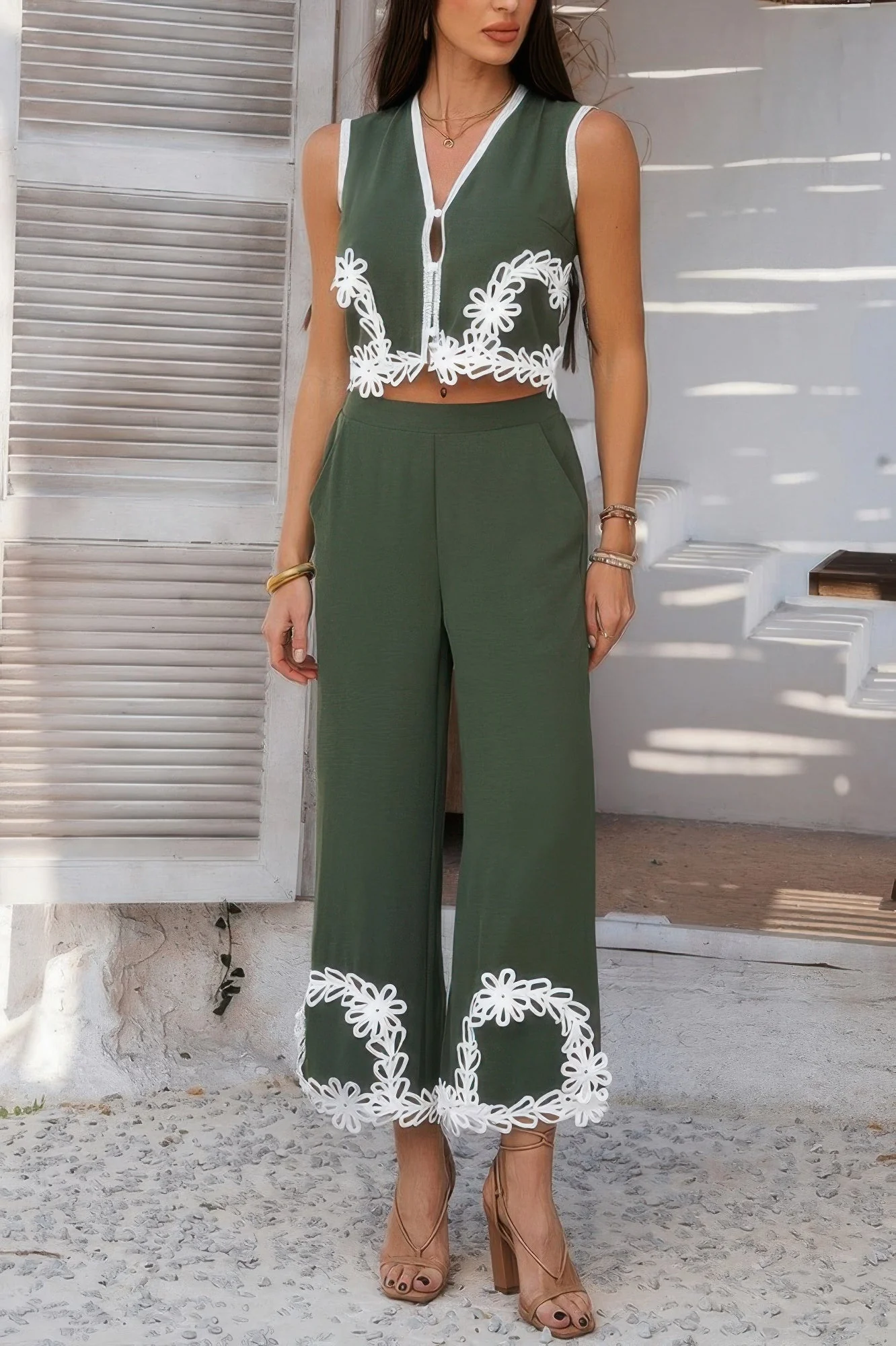 TRUEDAMES Two Pieces V Neck Button Lace Decorate Long Pants
