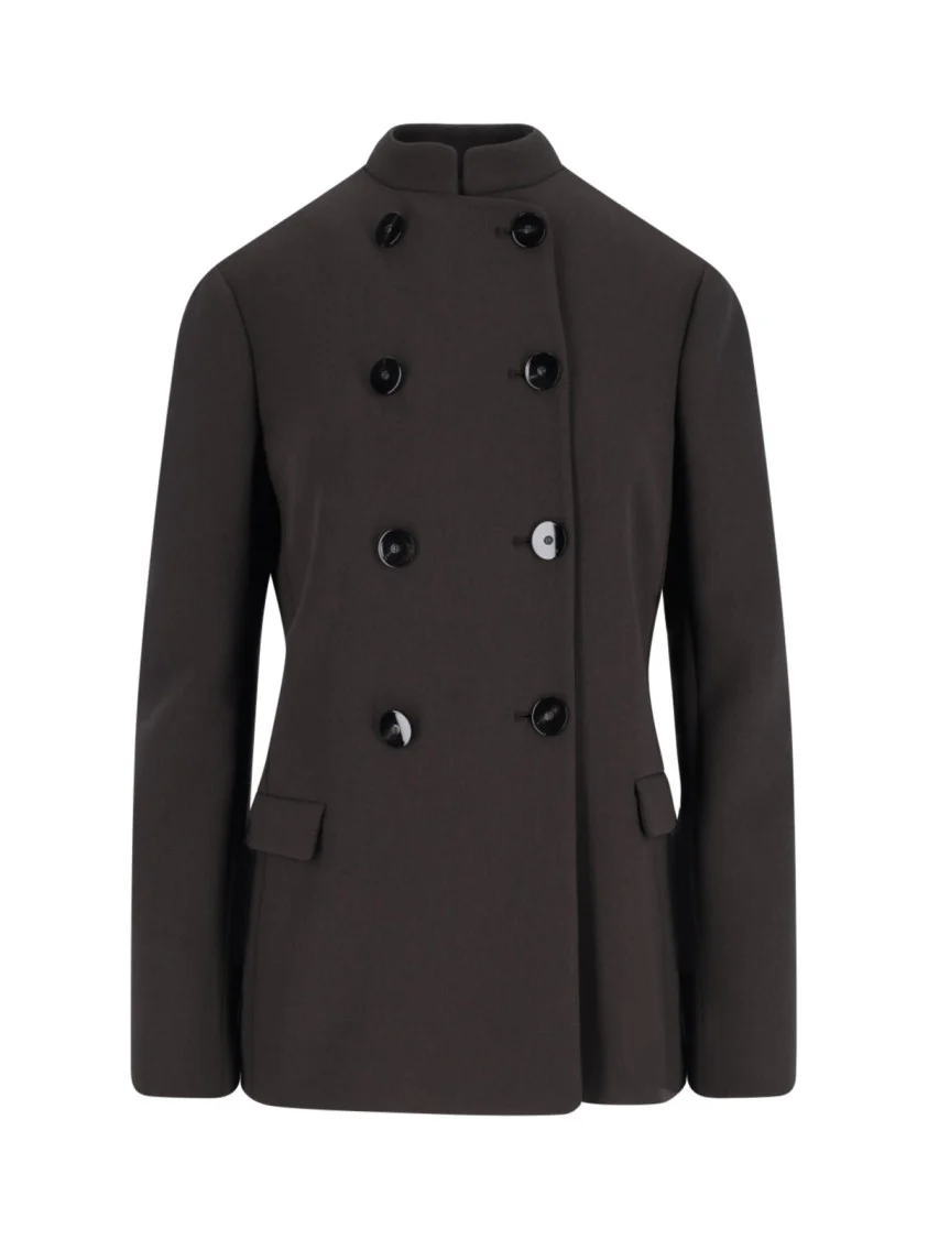 Double-Breasted Virgin Wool Blazer, Brown, Crew Neck