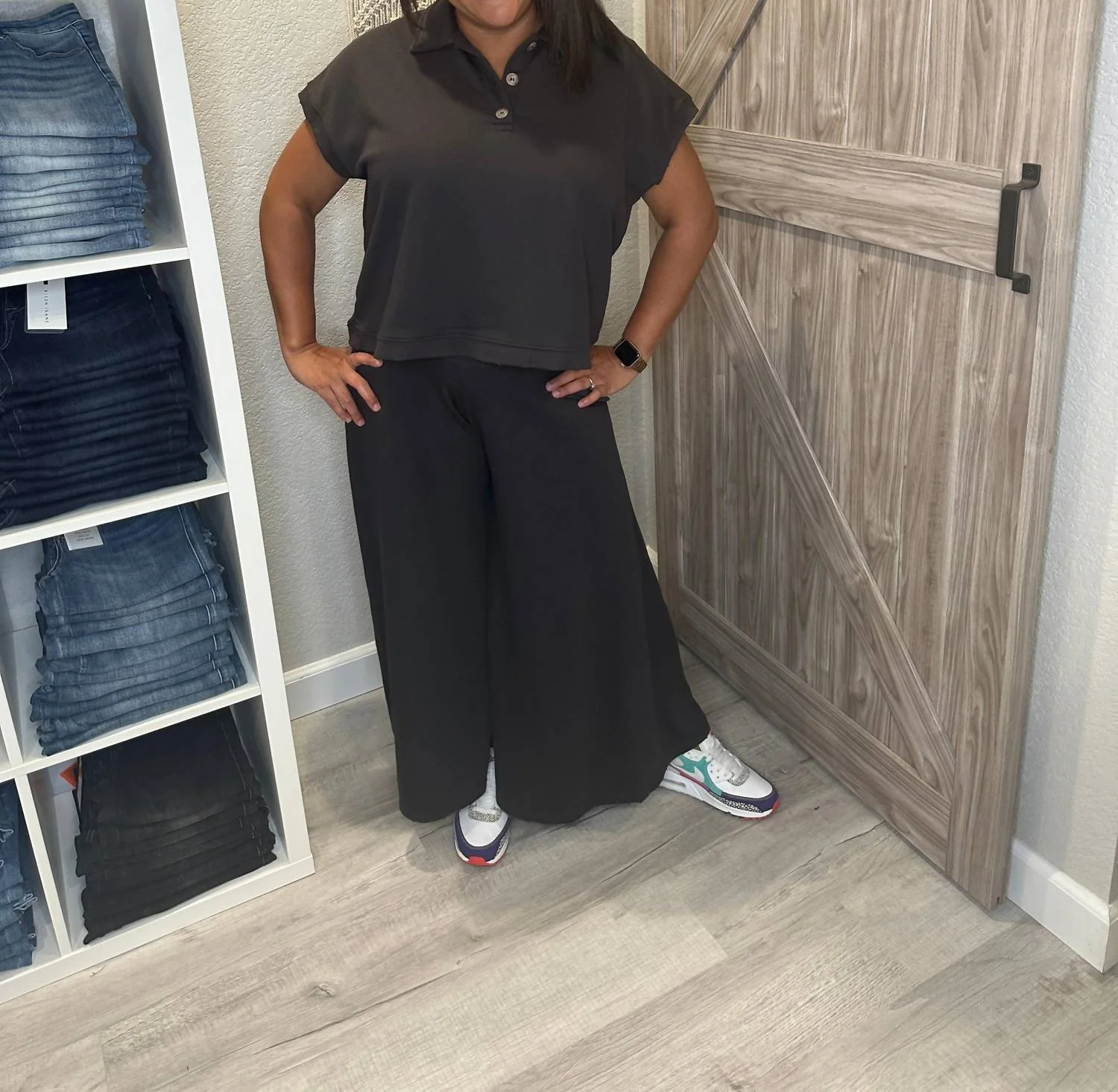 Distressed Top And Wide Leg Pants Matching Set In Faded Black