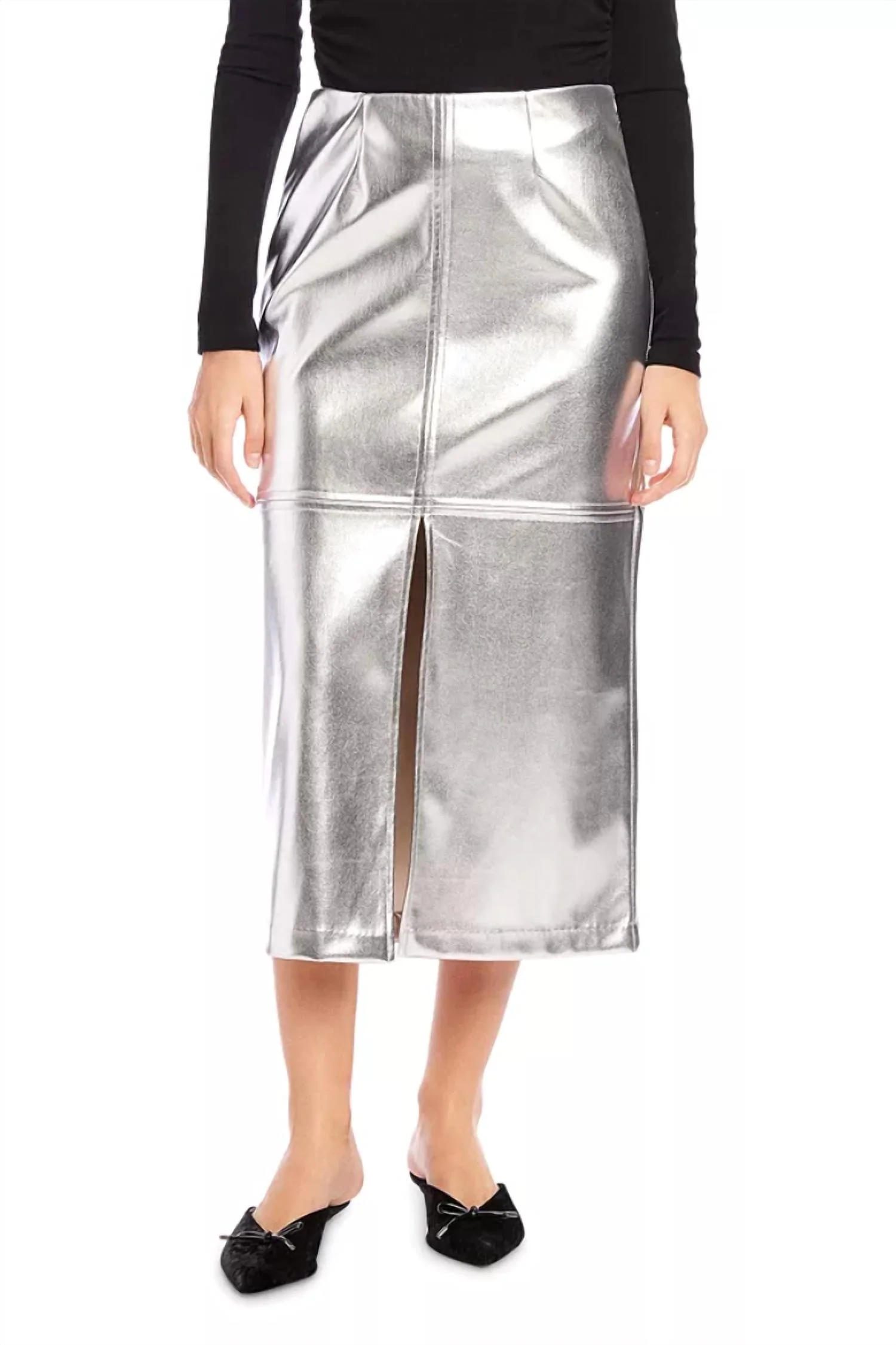Kaia Faux Leather Midi Skirt In Silver