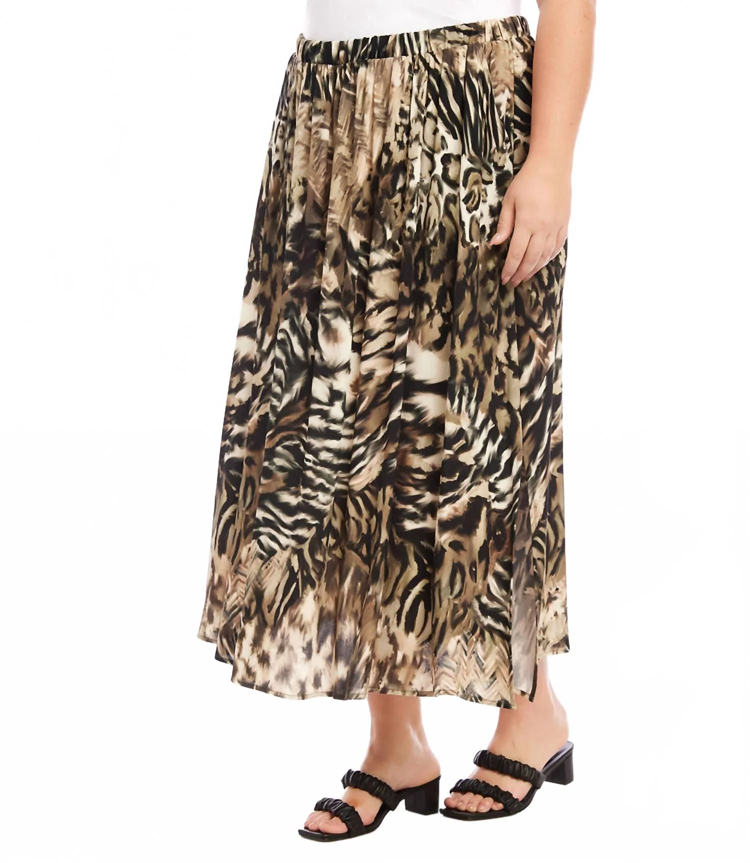 Plus Size Side-Slit Midi Skirt In Print