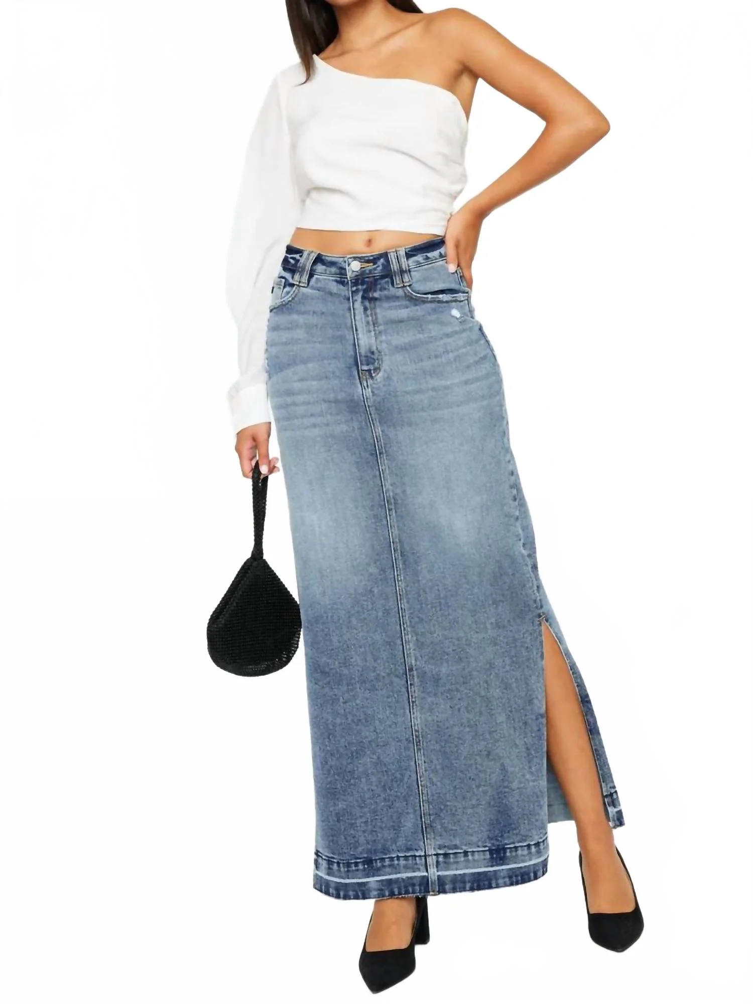 Tracy Maxi Denim Skirt In Medium Wash