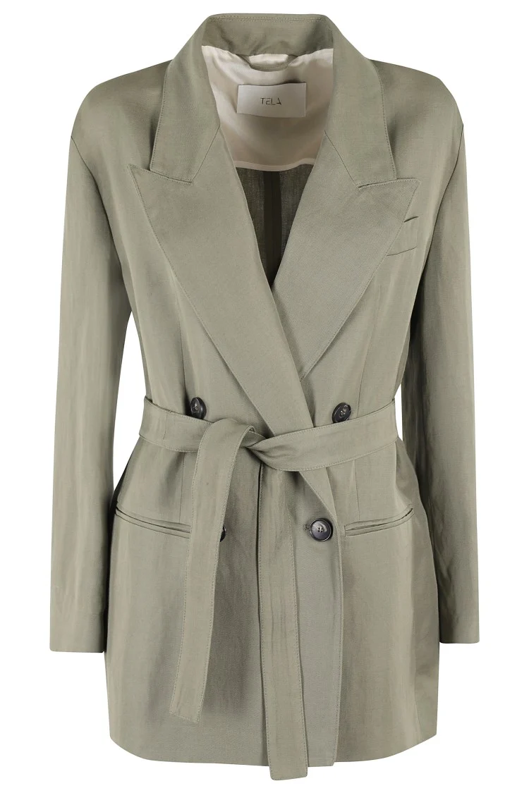 Double-Breasted Linen Blend Blazer With Removable Waist Tie