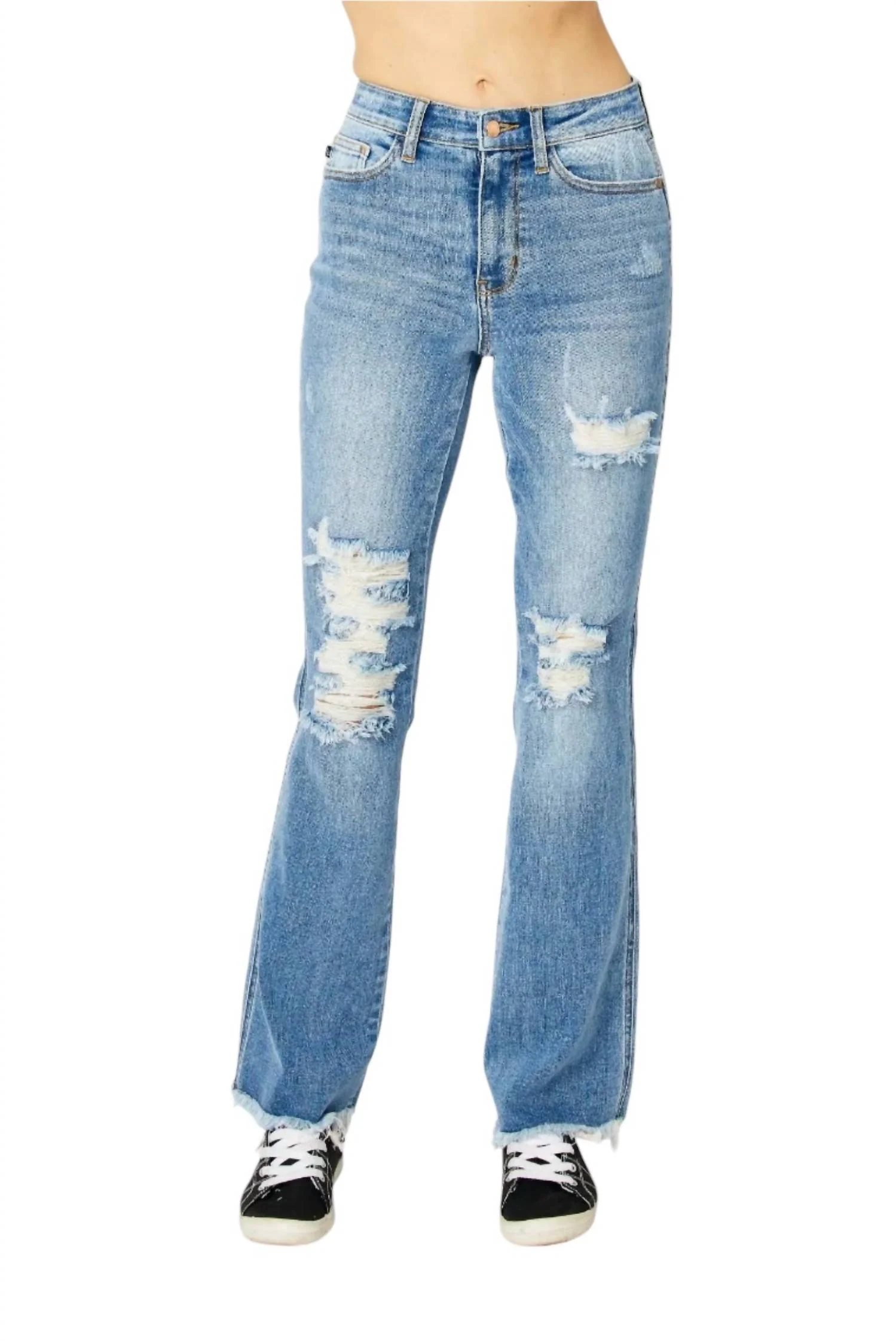 High Waisted Destroy Fray Hem Bootcut Jeans In Medium Blue