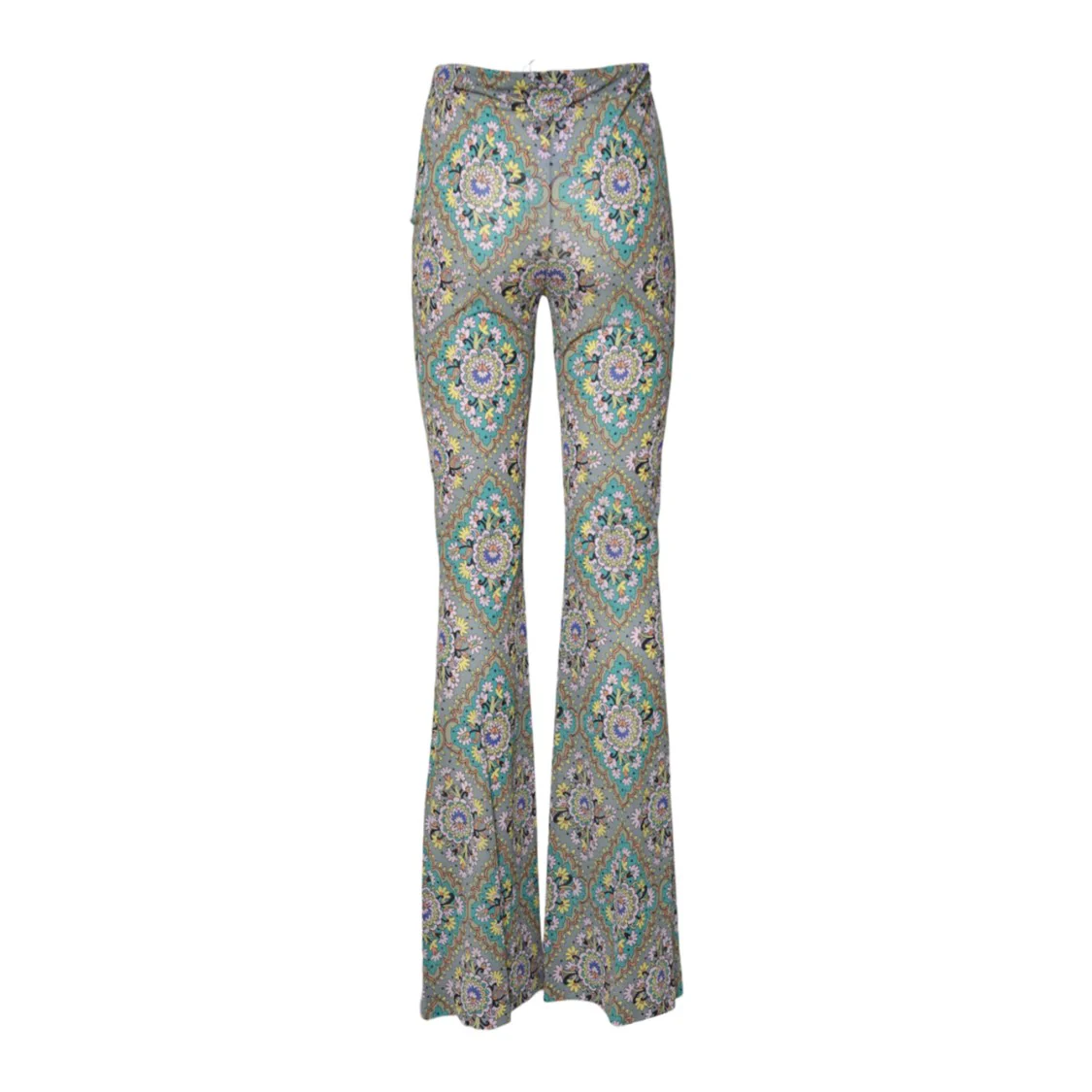 Green Viscose Flare Pants Floral Medallion Print