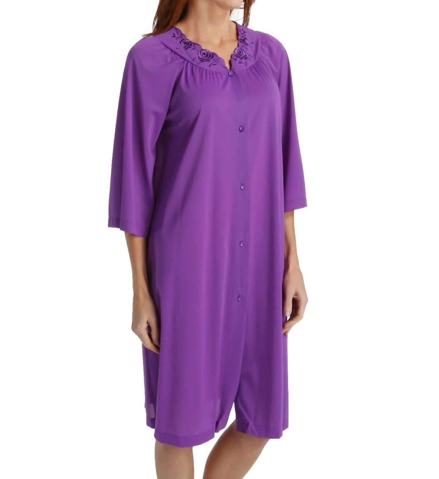 Short 3/4 Sleeve Button Down Robe In Purple