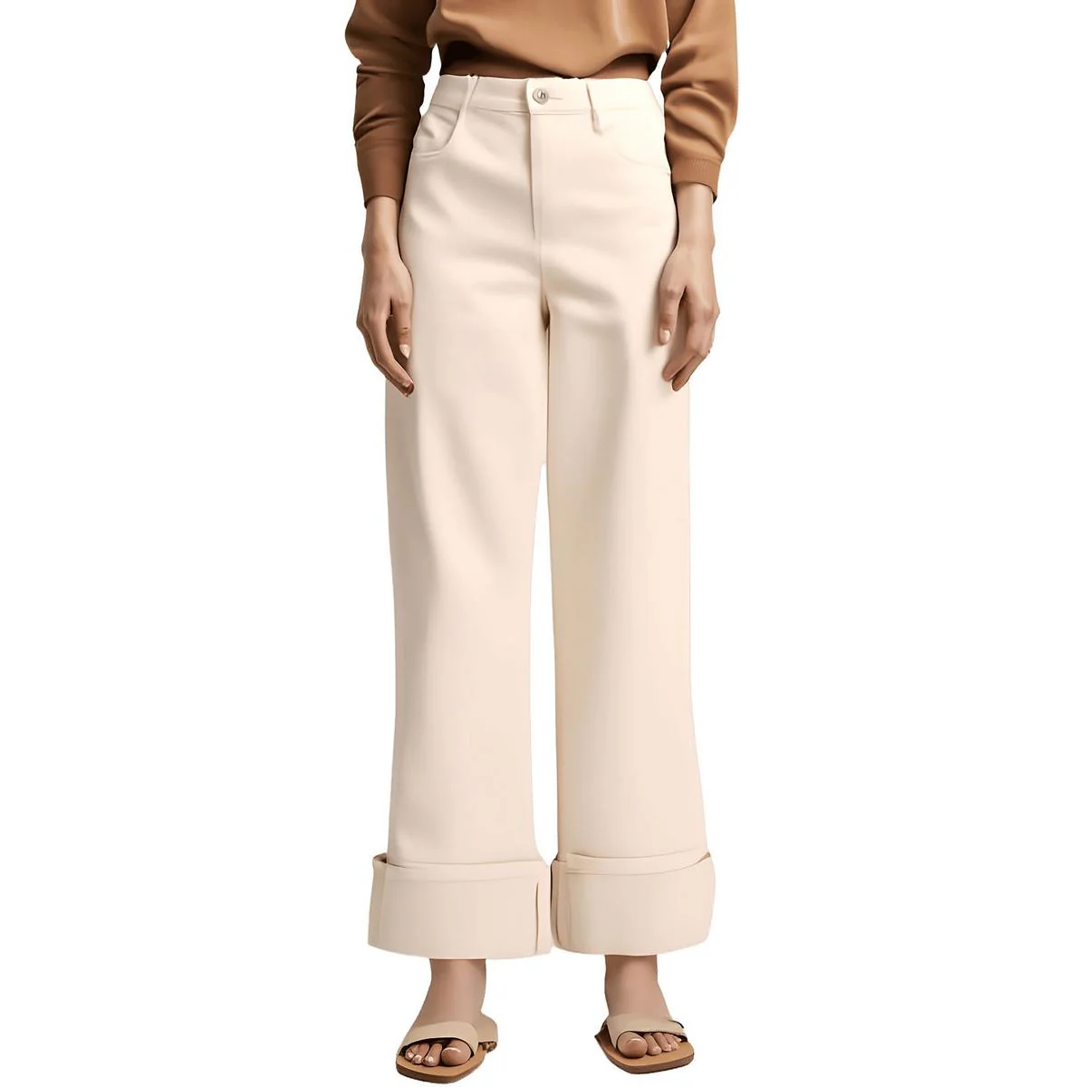 Womens Cuffed Denim Wide Leg Jeans