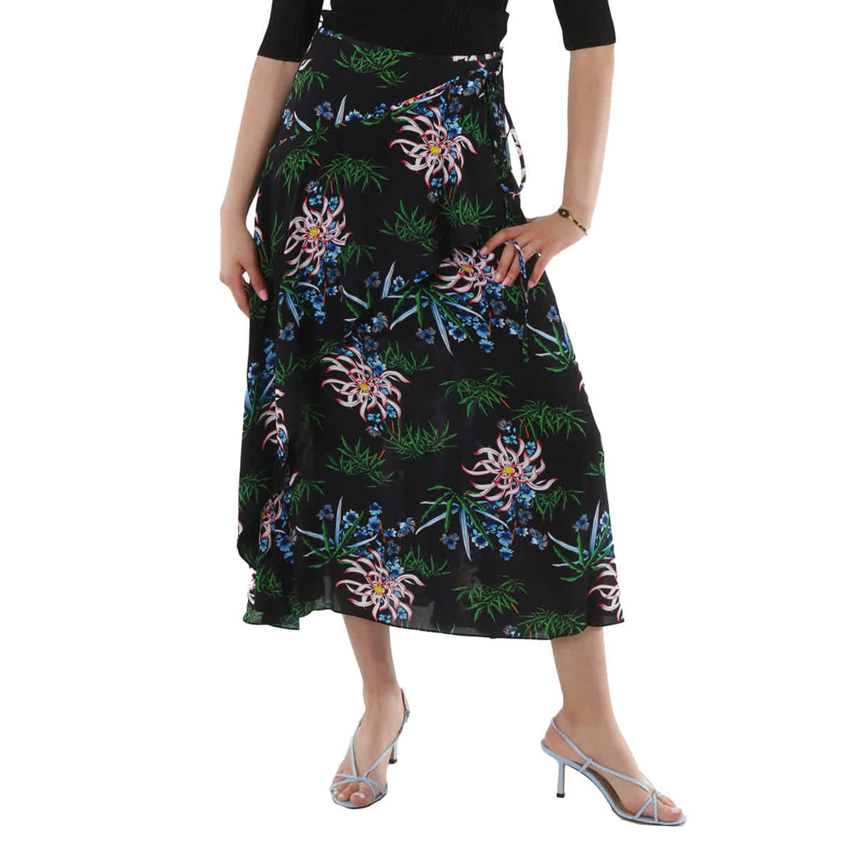 Kenzo Black Botanical Print Wrap Skirt
