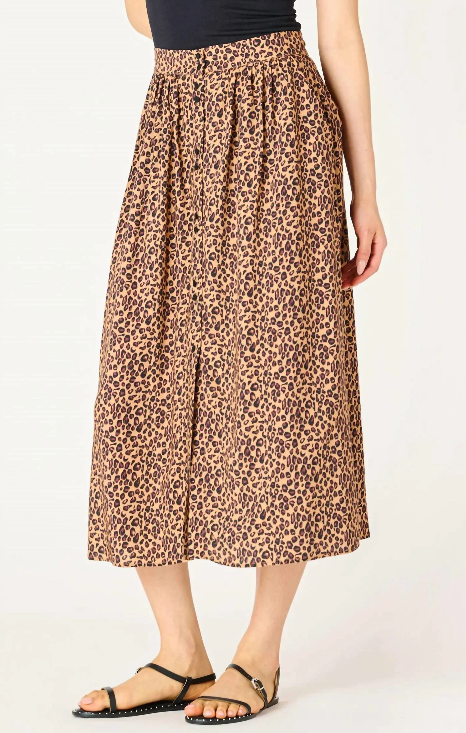 Button Front Midi Skirt In Leopard Print