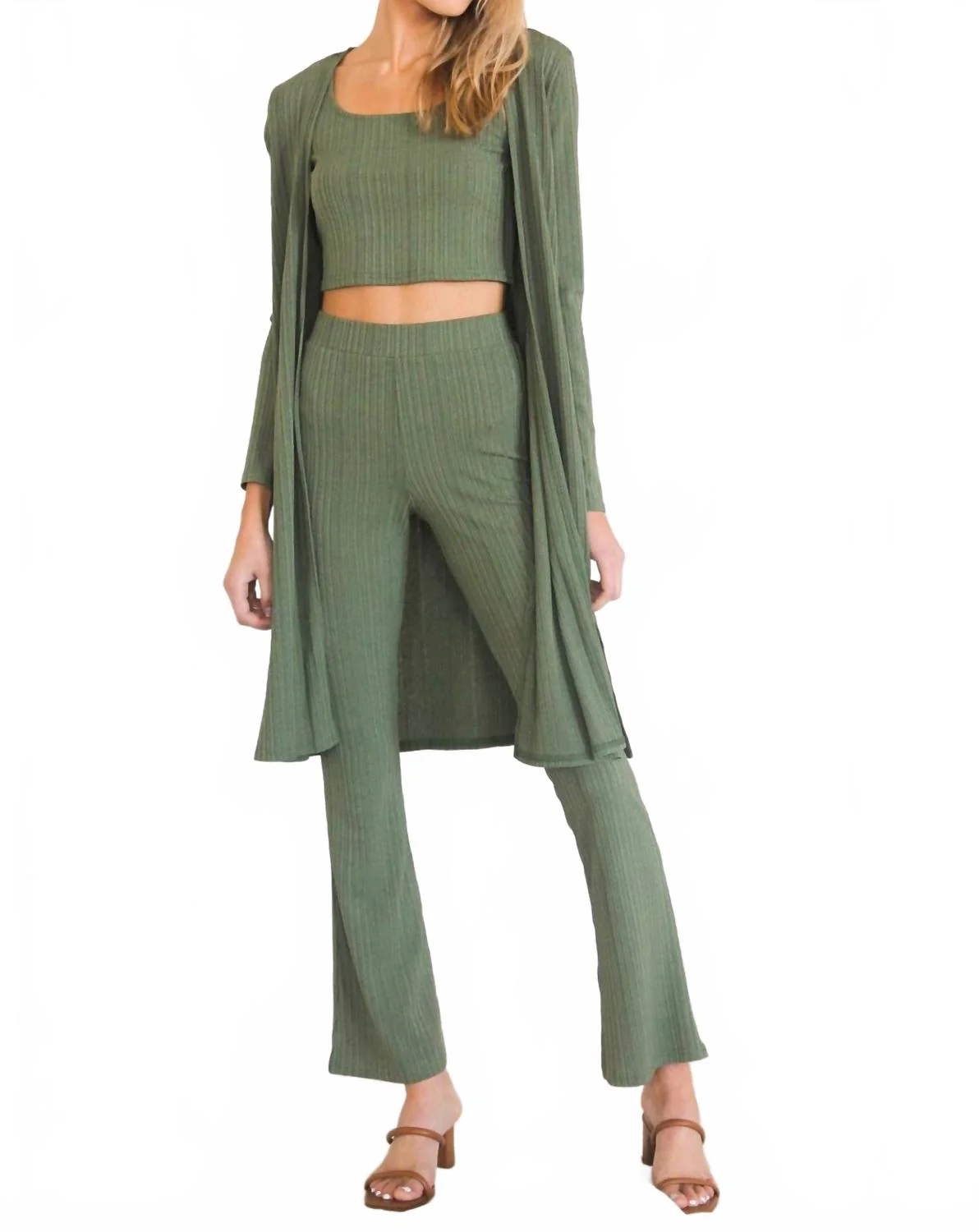 3 Piece Rib Knit Set In Olive