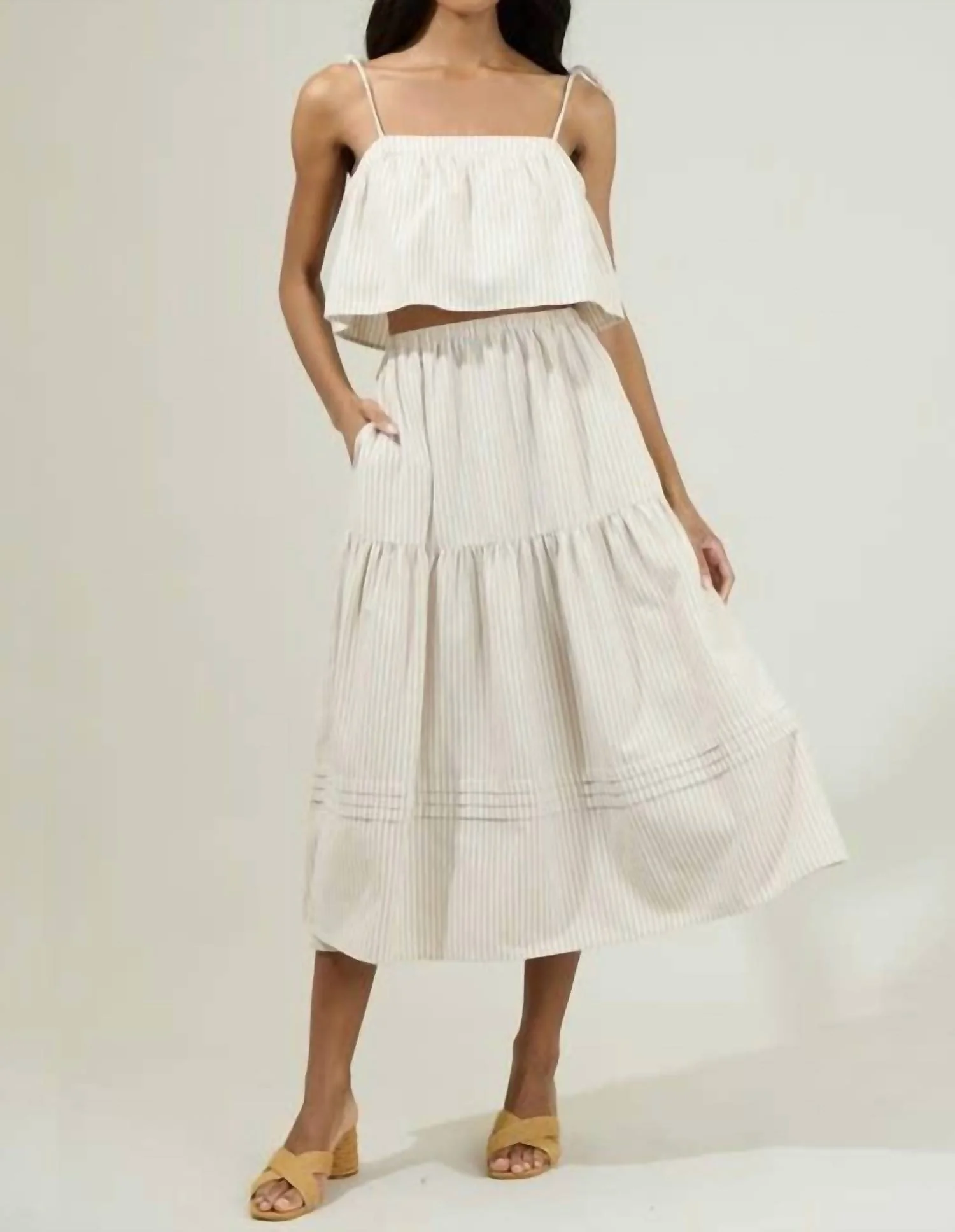 Everlanes Striped Flores Midi Skirt In Tan/white