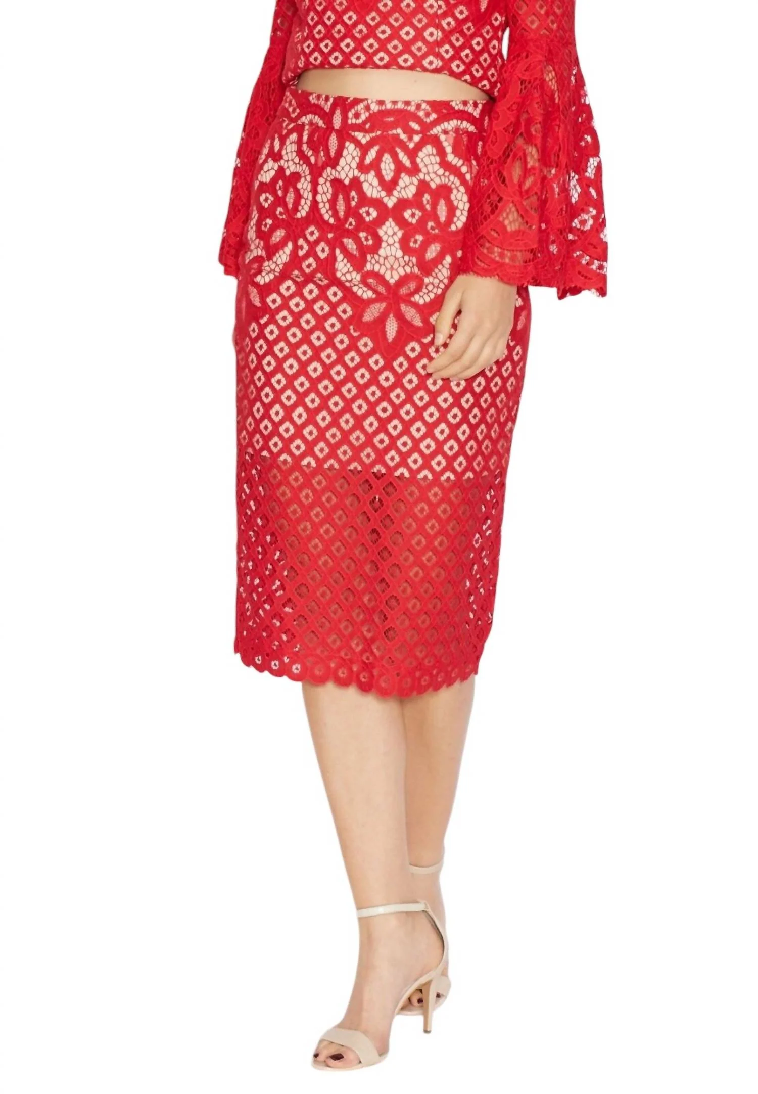Milla Lace Midi Overlay Pencil Skirt In Red