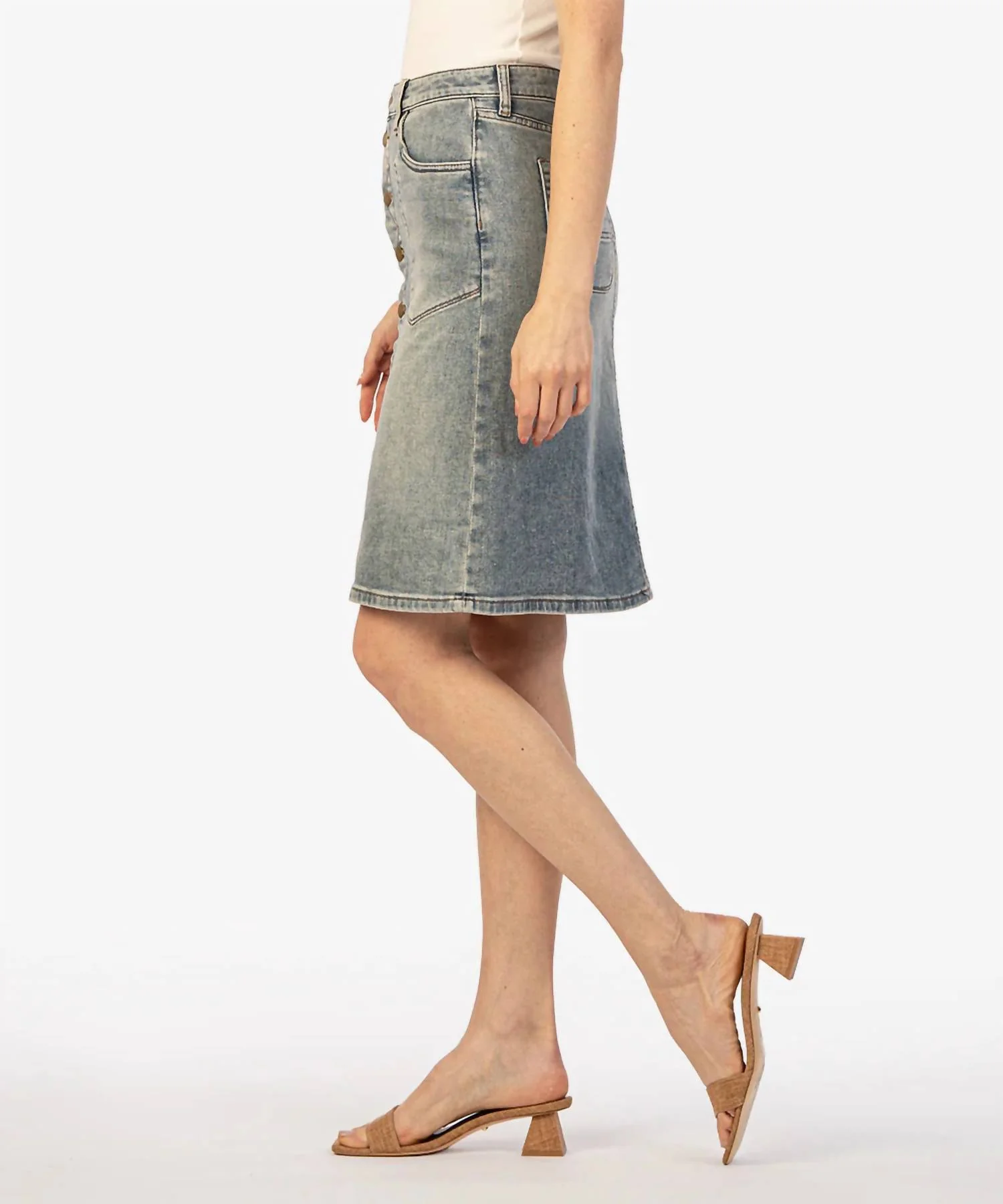 Rose Button Front Denim Skirt In 89% Cotton, 10% Polyester, 1% Spandex