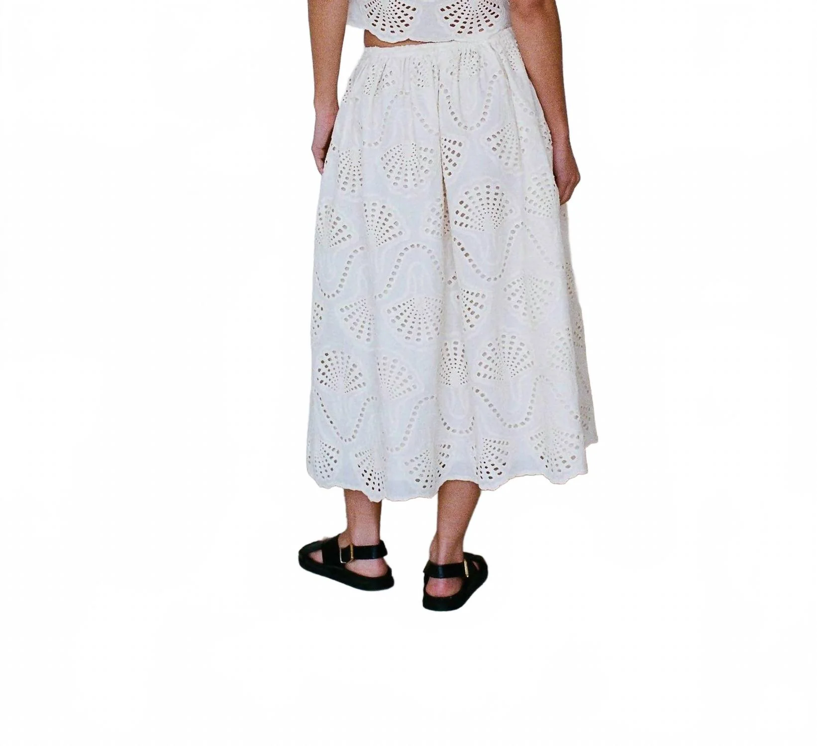 Embroidered Detail Midi Skirt In Ivory