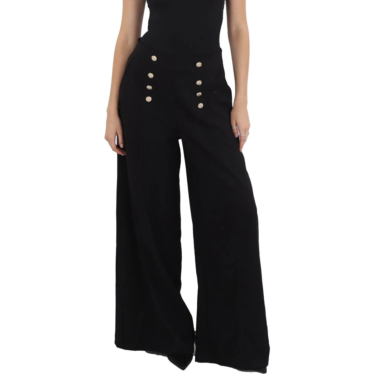 Womens Button Polyester Wide Leg Pants