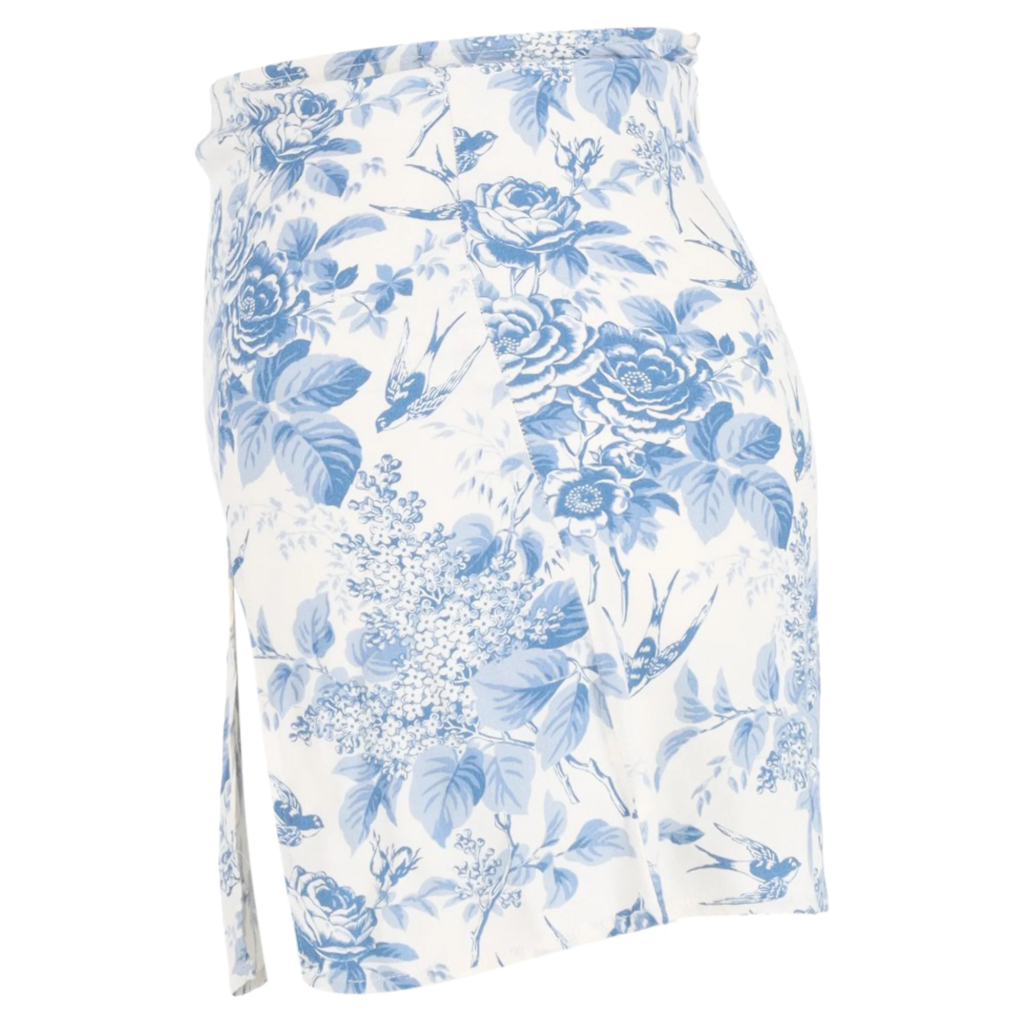Reformation Margot Floral Print Mini A-Line Skirt with Slit in Blue Viscose