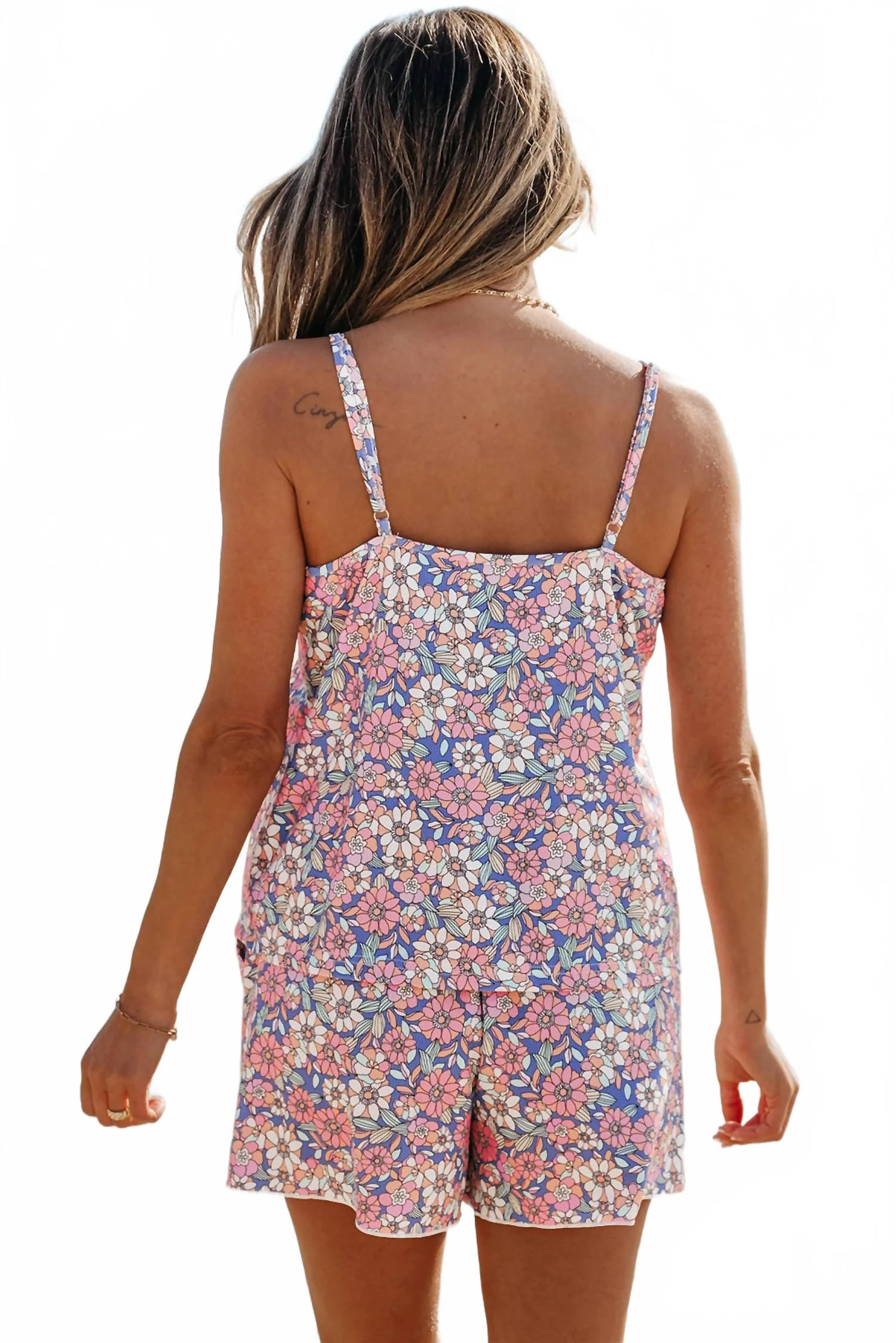 Floral Spaghetti Straps Tank Top And Shorts Set In Sky Blue