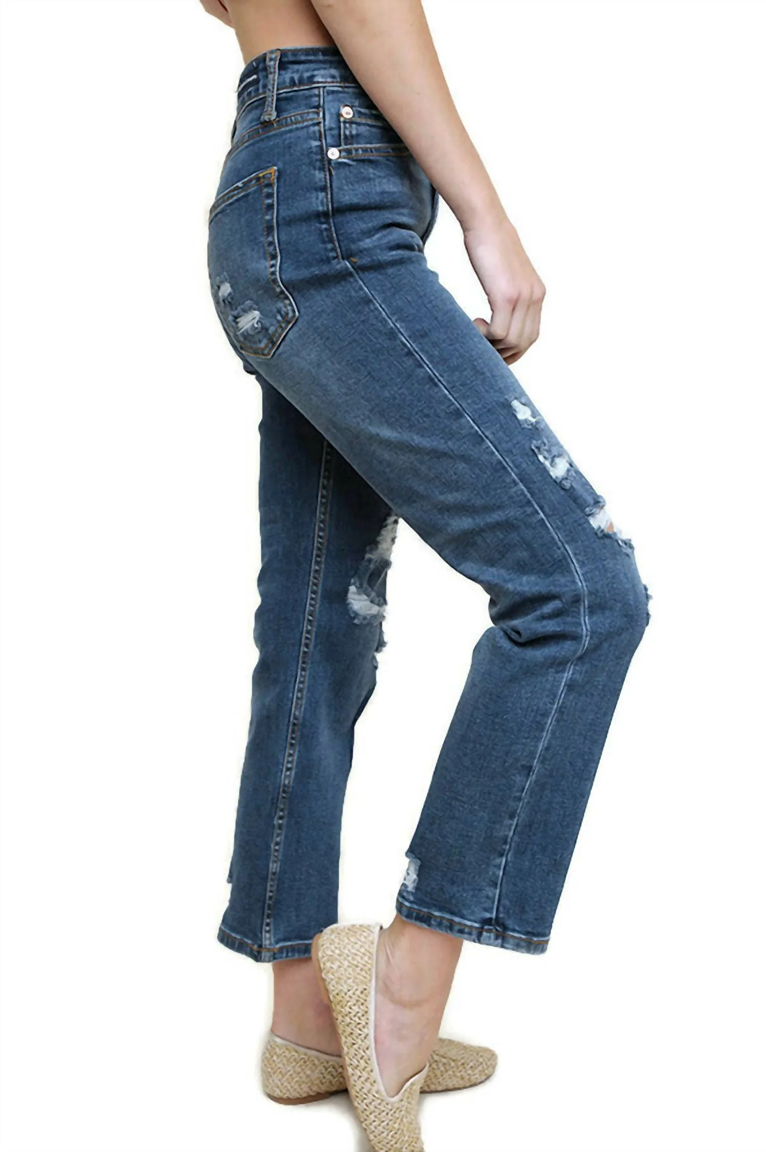 Distressed High Waist Straight Leg Jean In Medium Wash