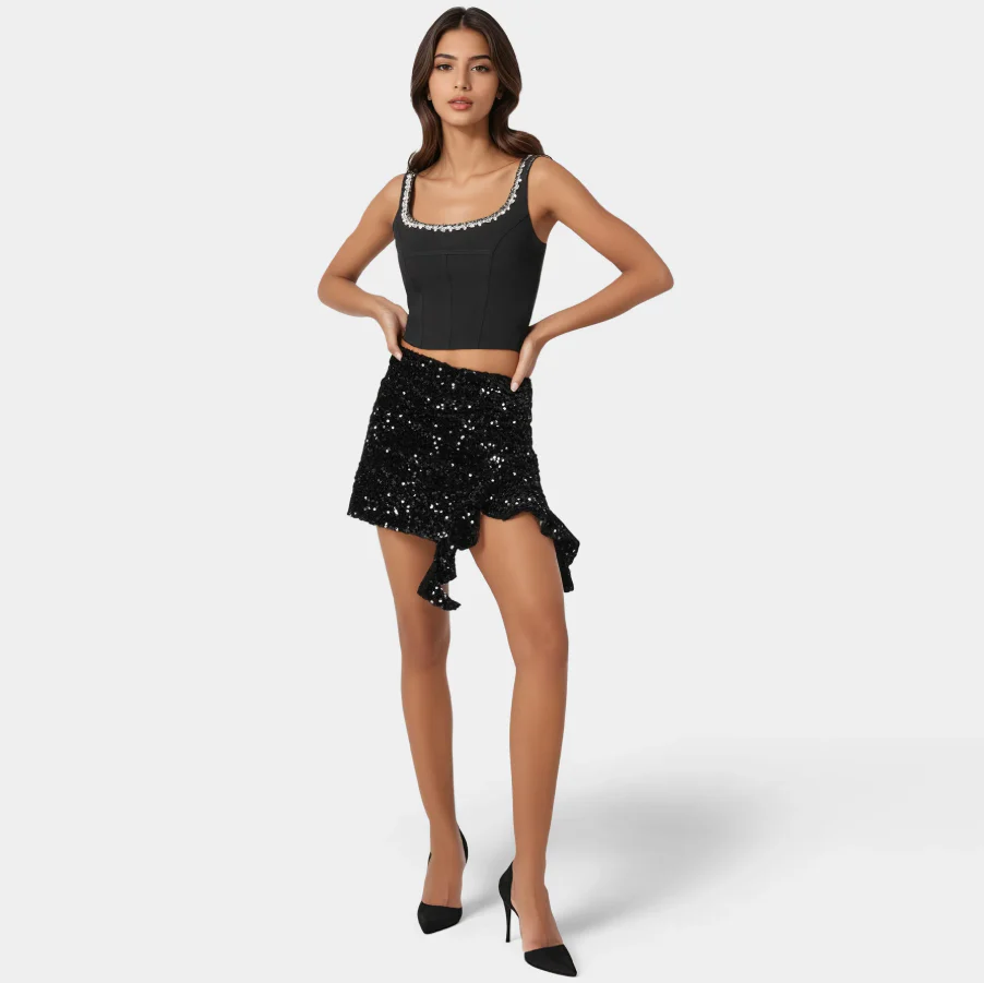 Women's Mini Sequin Ruffle Slit Skort
