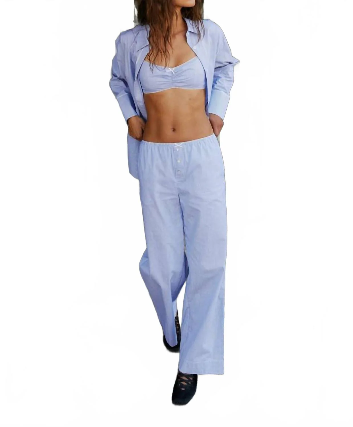 Stripe Bralette And Pant Set In Marine Blue