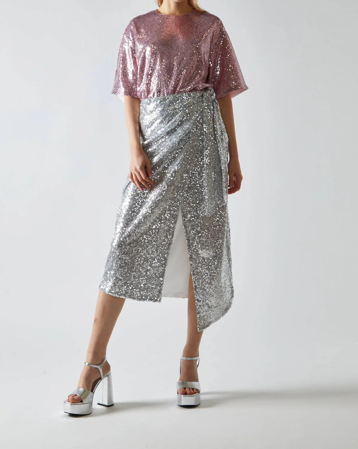 Sequin Wrap Midi Skirt In Silver