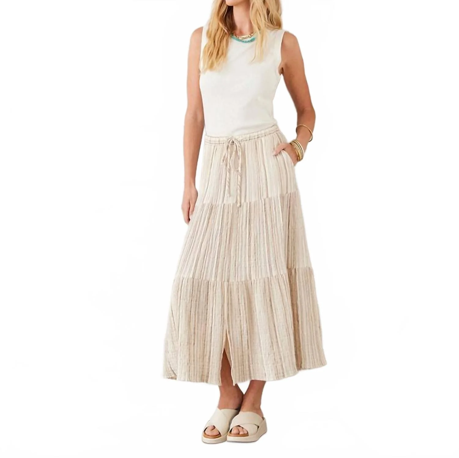 Metallic Tiered Midi Skirt In Stripe