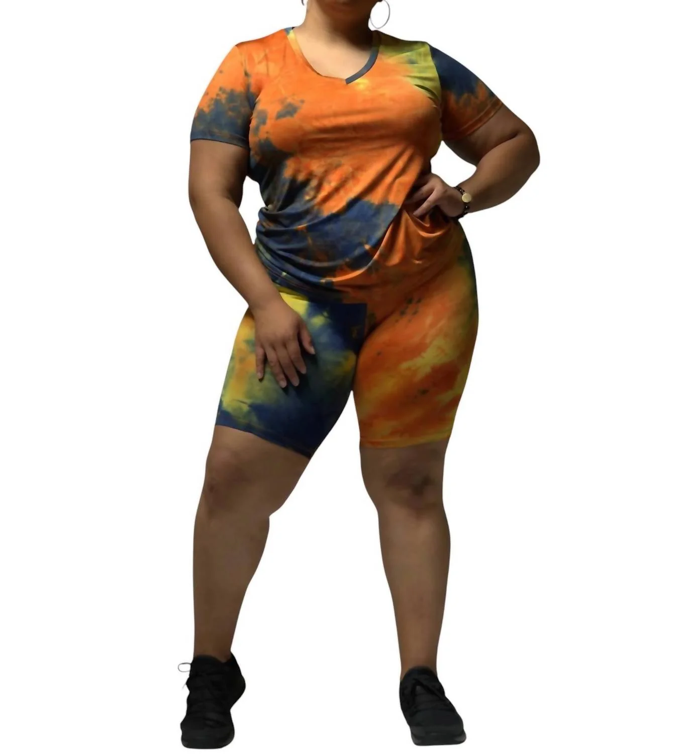 Tie Dye V-Neck Short Set In Orange Multi