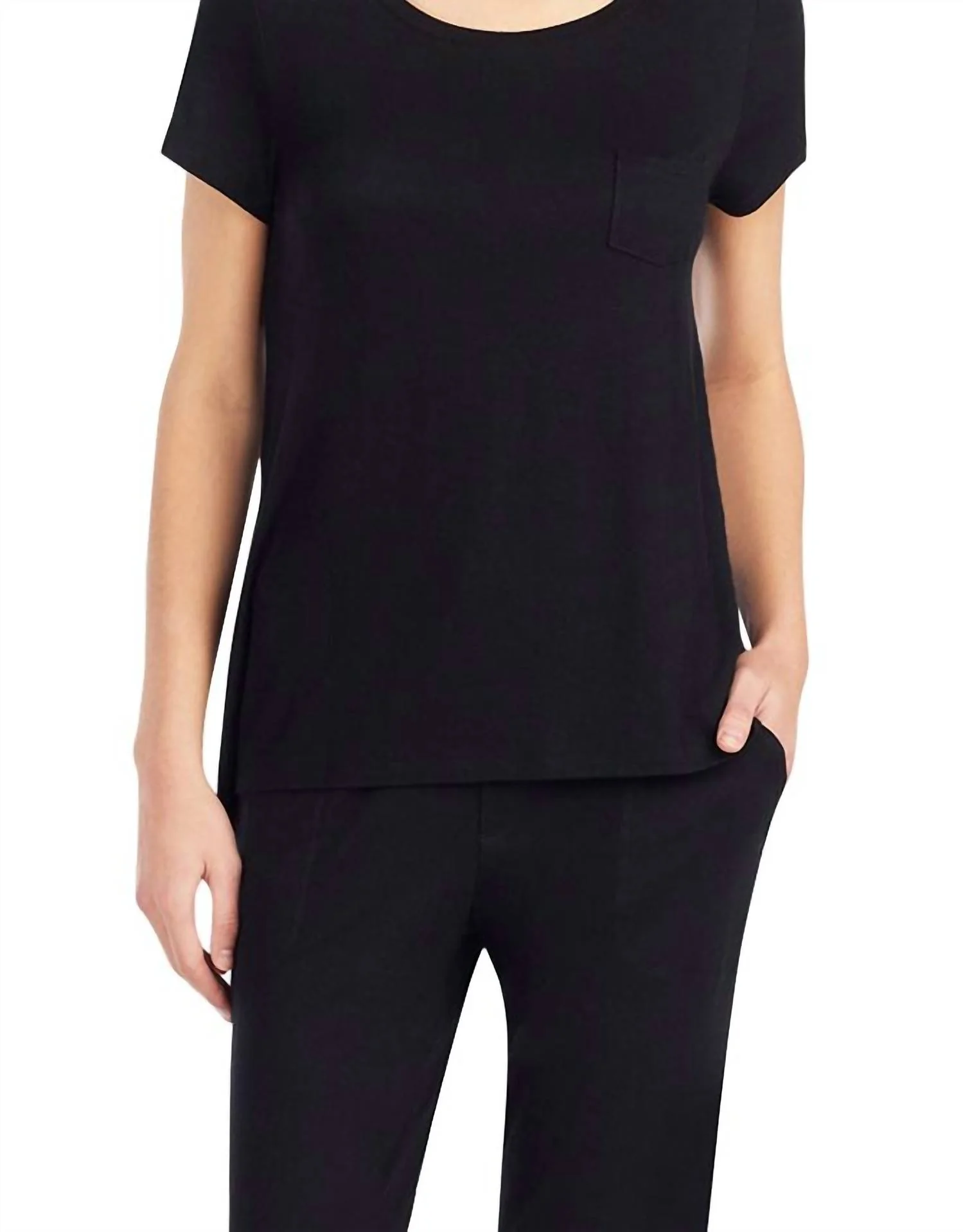 Scoop Neck Front Pocket Short Sleeve Sleep Pajama Top In Black
