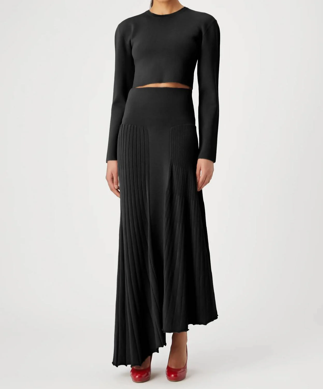 Adra Asymmetric Knit Midi Skirt In Black