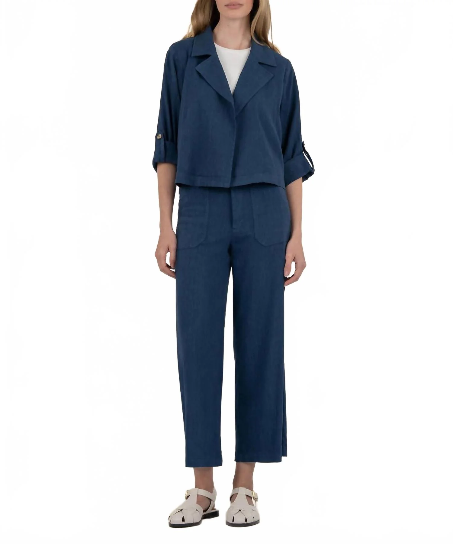 Nadine Linen Crop Blazer In Ocean Blue