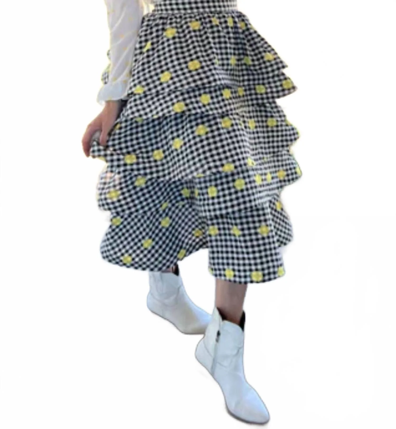 Teagan Tiered Midi Skirt In Gingham Daisy