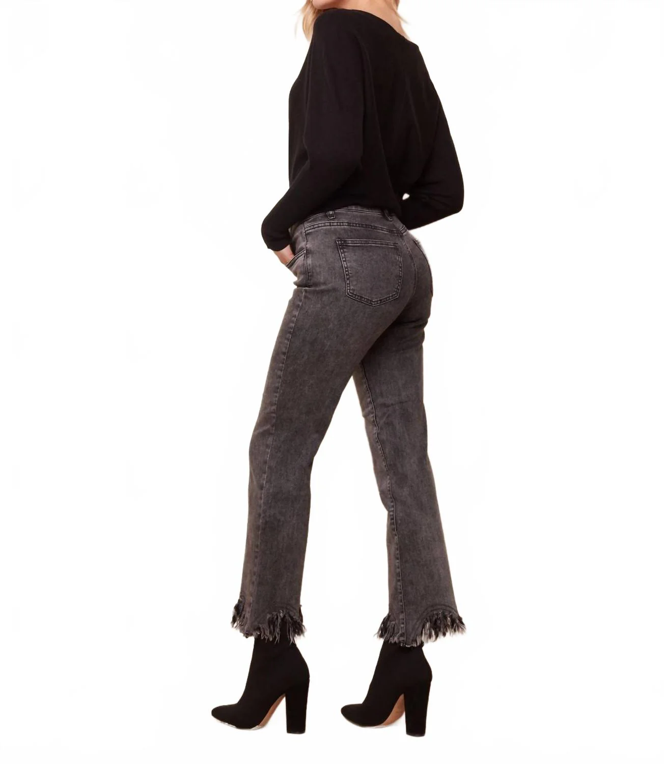 Fringe Hem Denim Jeans In Gris Moyen