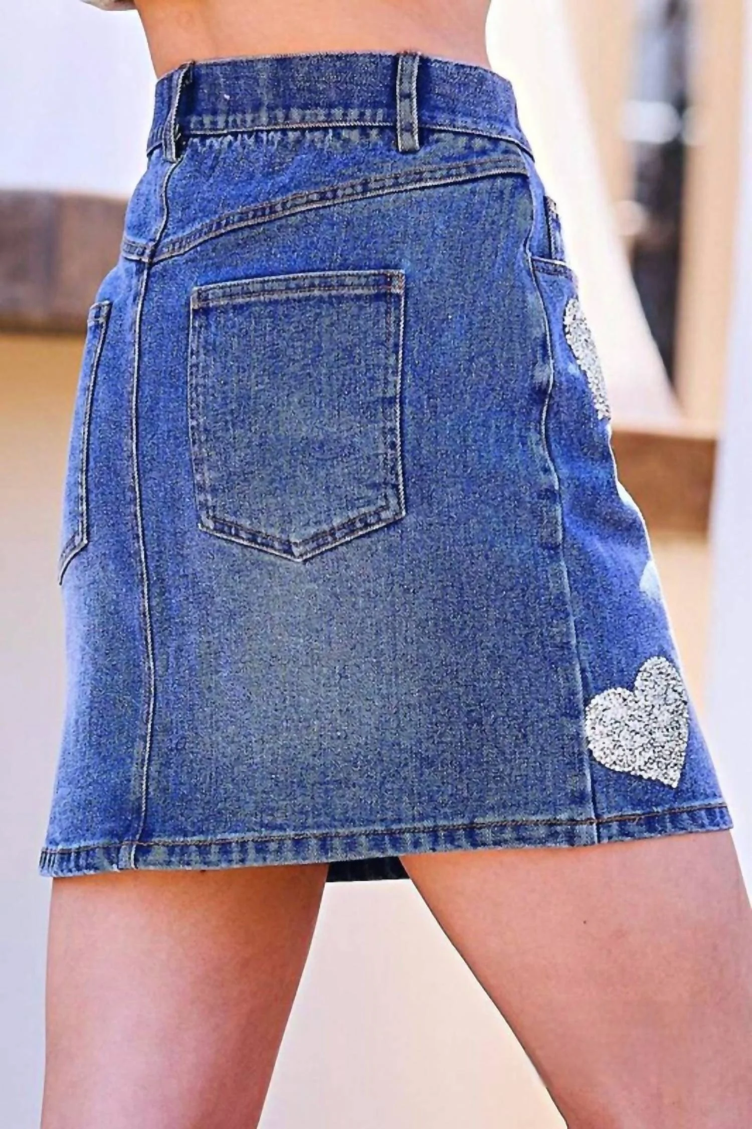 Abbey Sequined Hearts Denim Mini Skirt In Medium Wash
