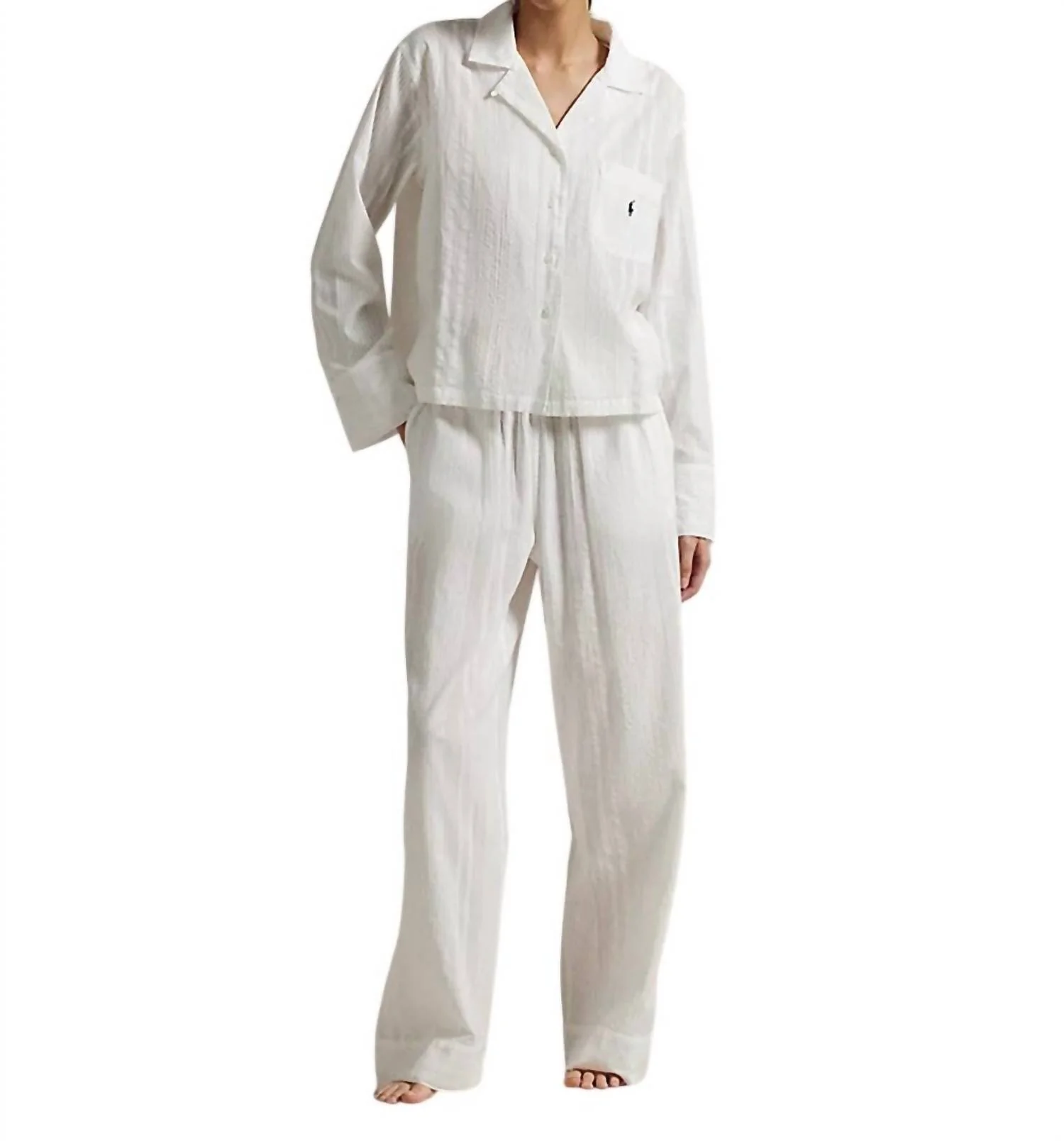 Striped Poplin Shirt & Pant Pj Set In White Cloud