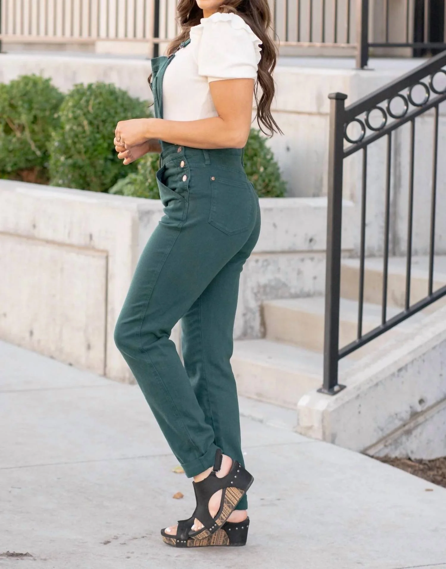 High Waist Garment Dyed Boyfriend Double Cuff Overalls In Teal