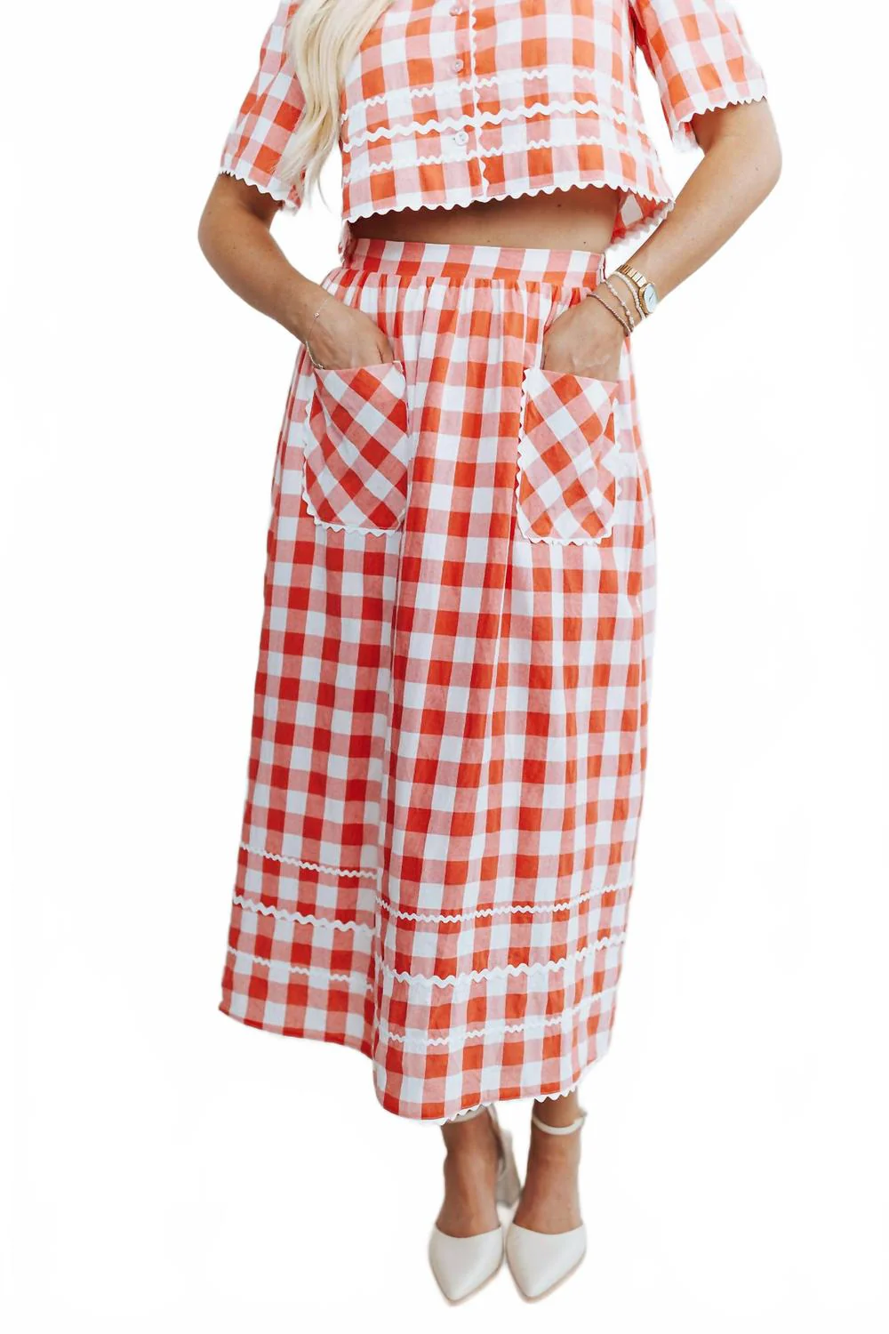 Daisy Darling Gingham Midi Skirt In Red