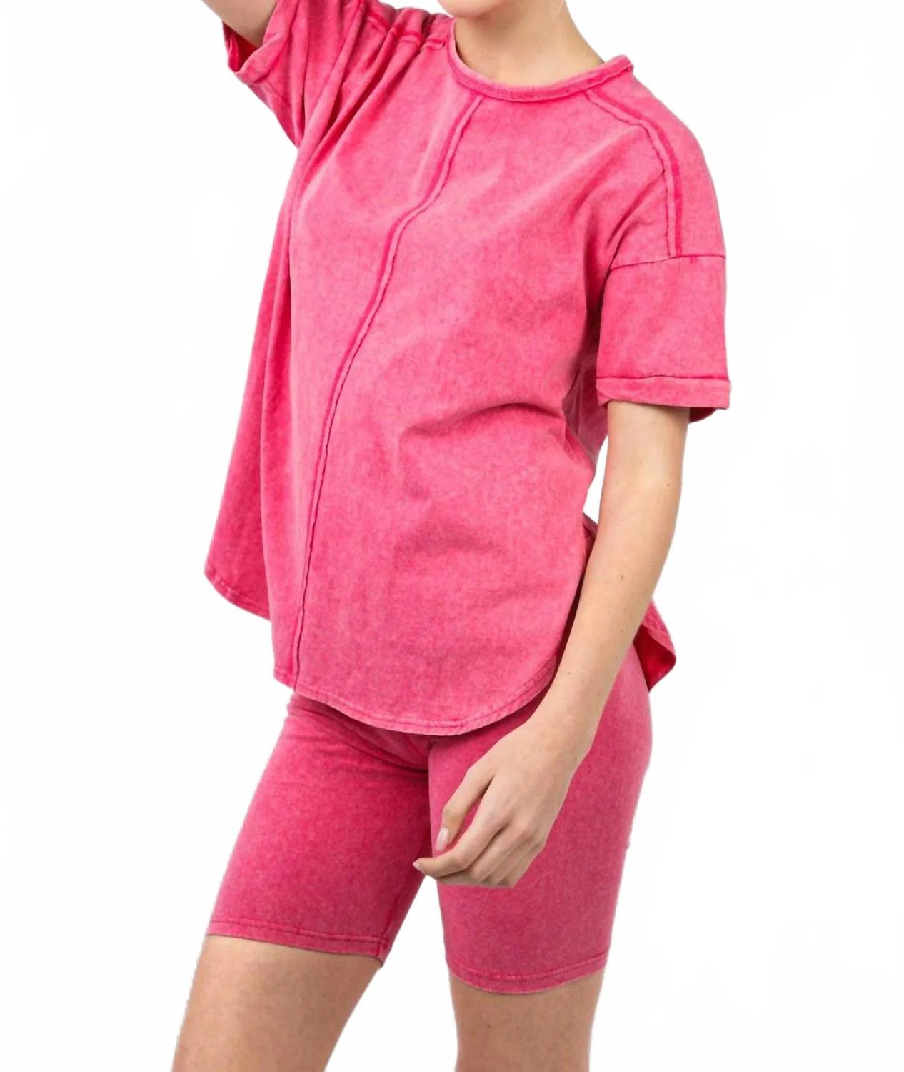 Comfy Washed Biker Top And Short Set In Pink