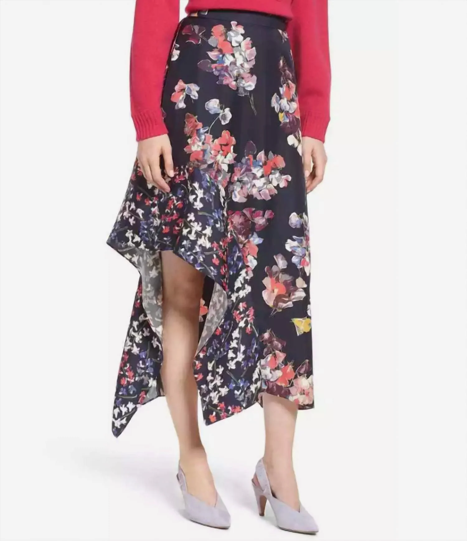 Asymmetrical Silk Floral Midi Ruffle Skirt In Blue