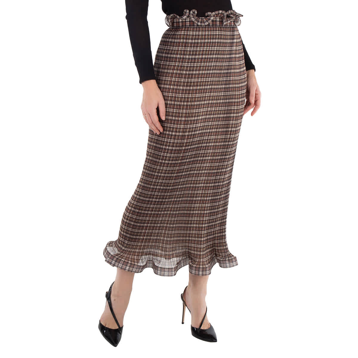 Burberry Ruffle Detail Check Chiffon Plisse Skirt