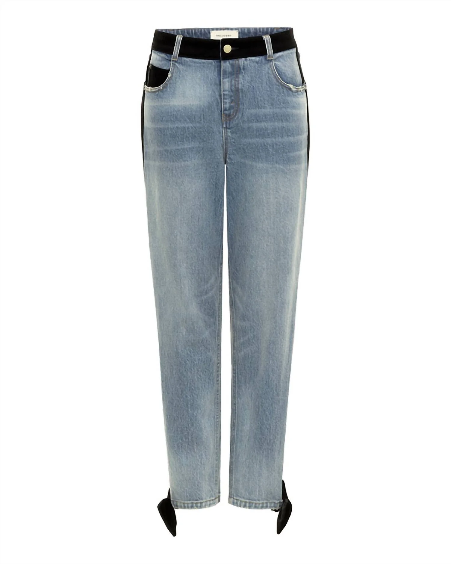 Libby Ankle Jeans With Velvet Stripe & Bows In Medium Distressed Wash/black