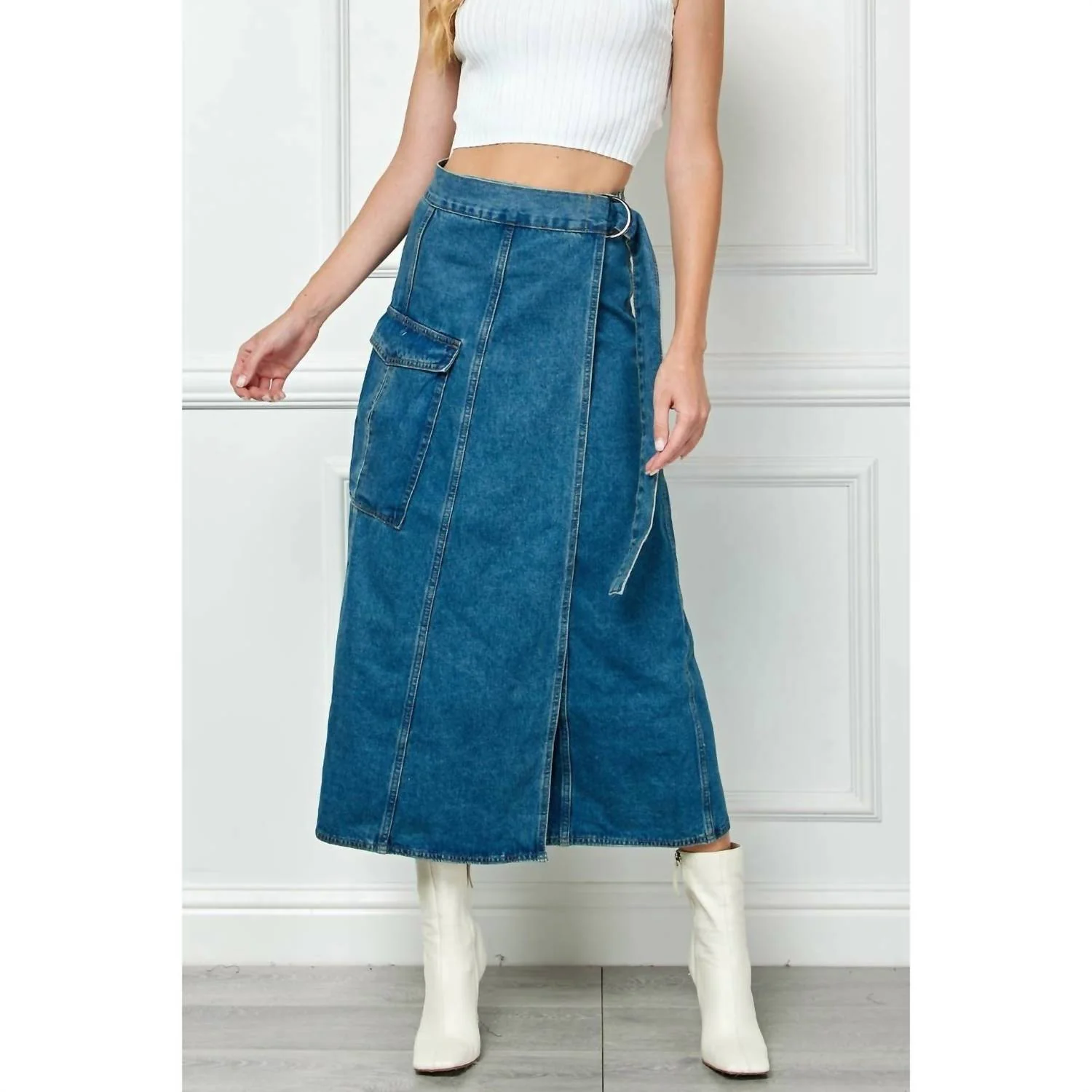Belted Waist Cargo Denim Skirt In Medium Wash