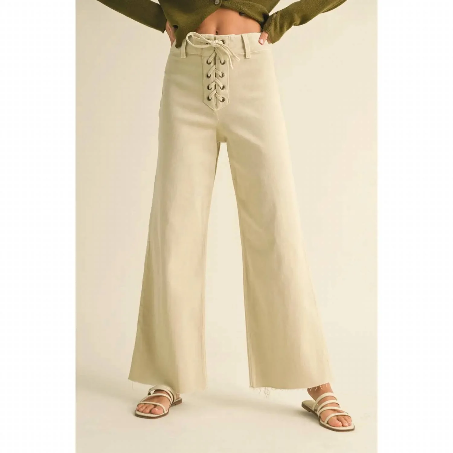 Lace Up Front Detail Pants In Washed Beige