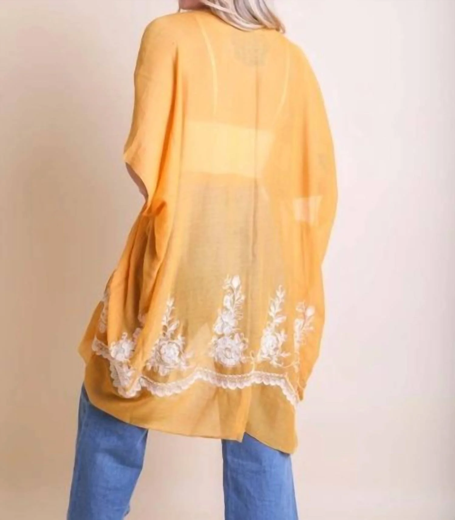 Lightweight Floral Embroidered Tassels Boho Festival Kimono Wrap In Mustard
