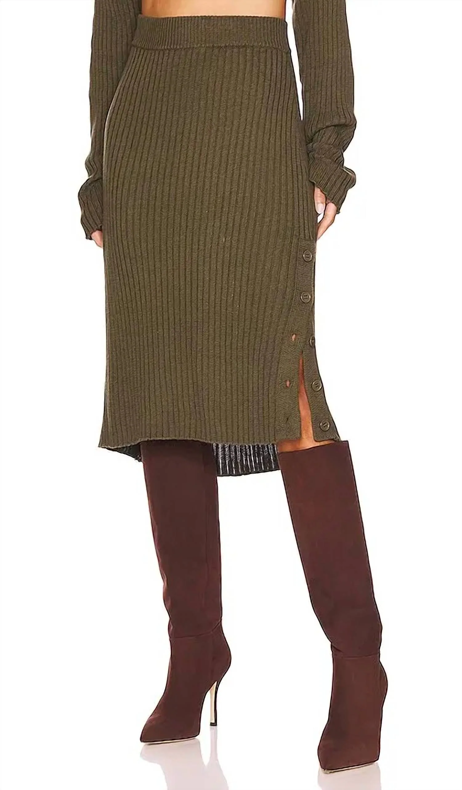 Rib Midi Skirt In Army