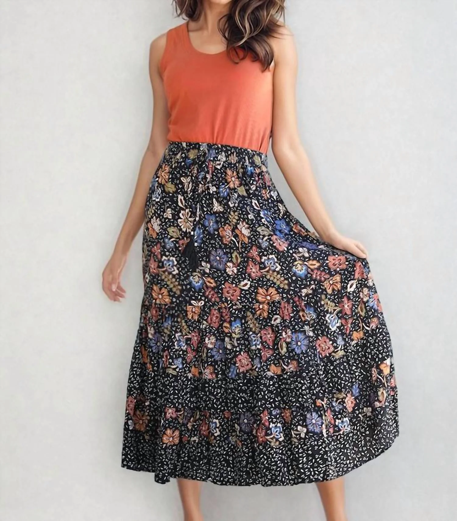 Rowan Tiered Maxi Skirt In Black Multi