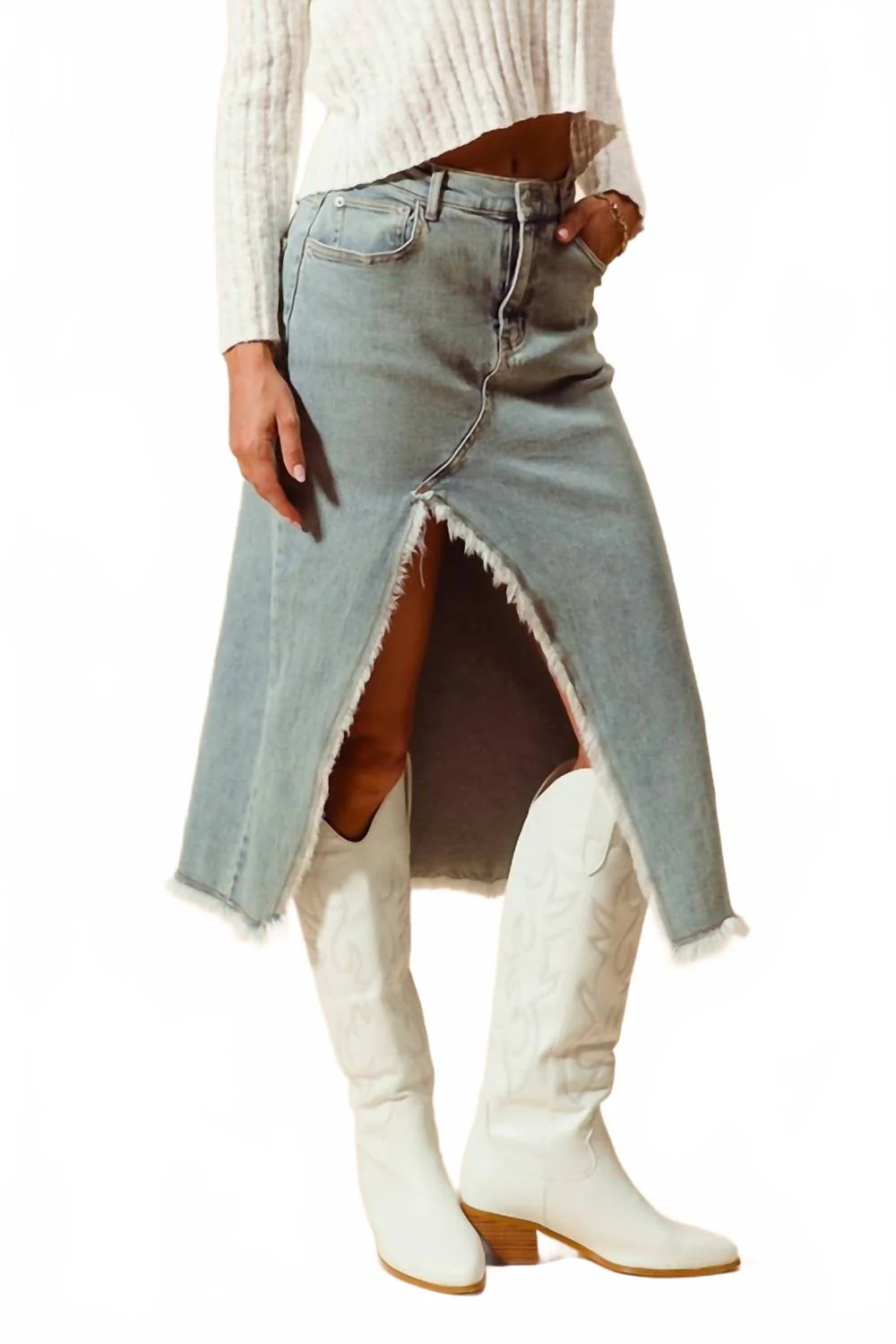 Midi Denim Front Slit Skirt