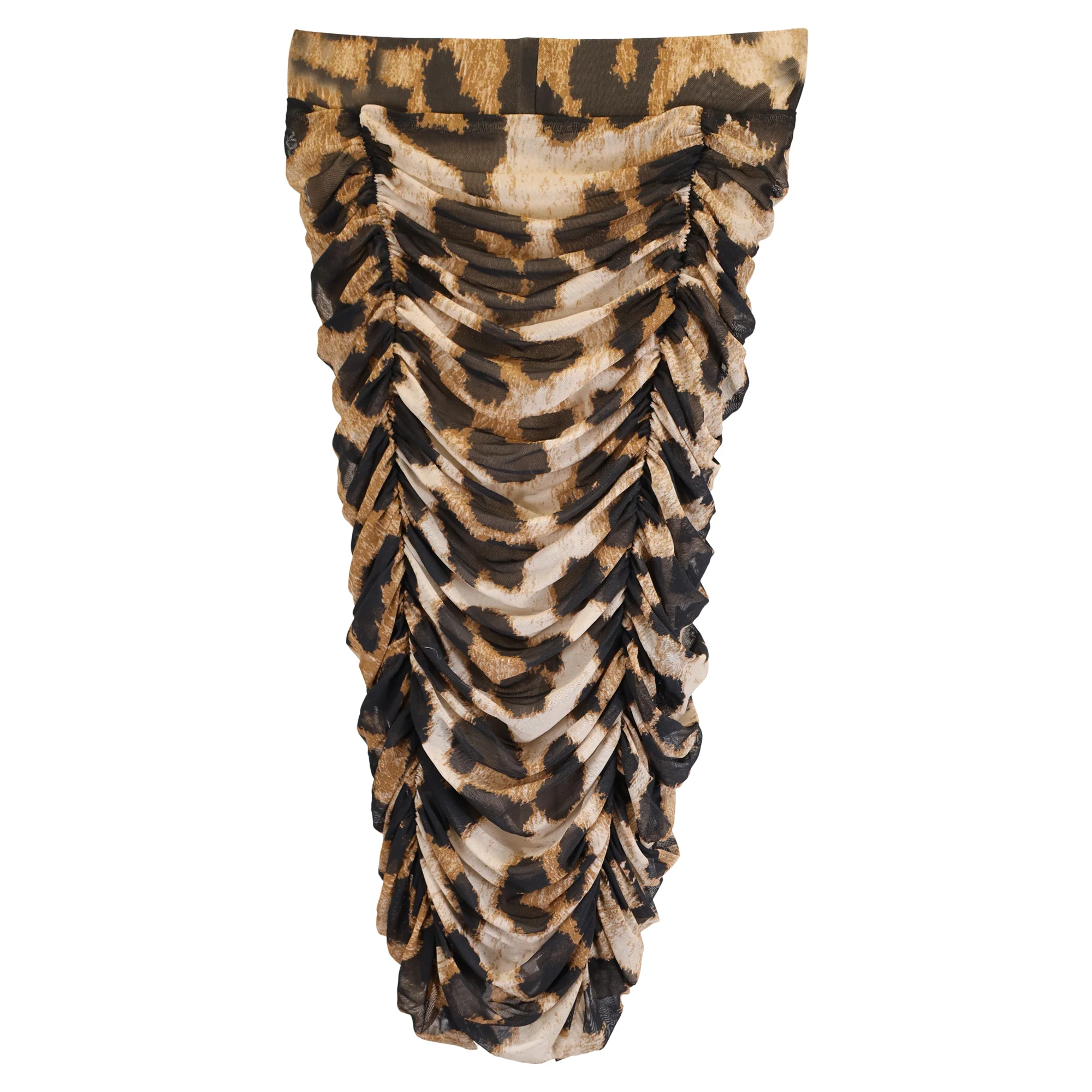 Ganni Ruched Leopard Print Midi Mesh Skirt in Brown Polyester