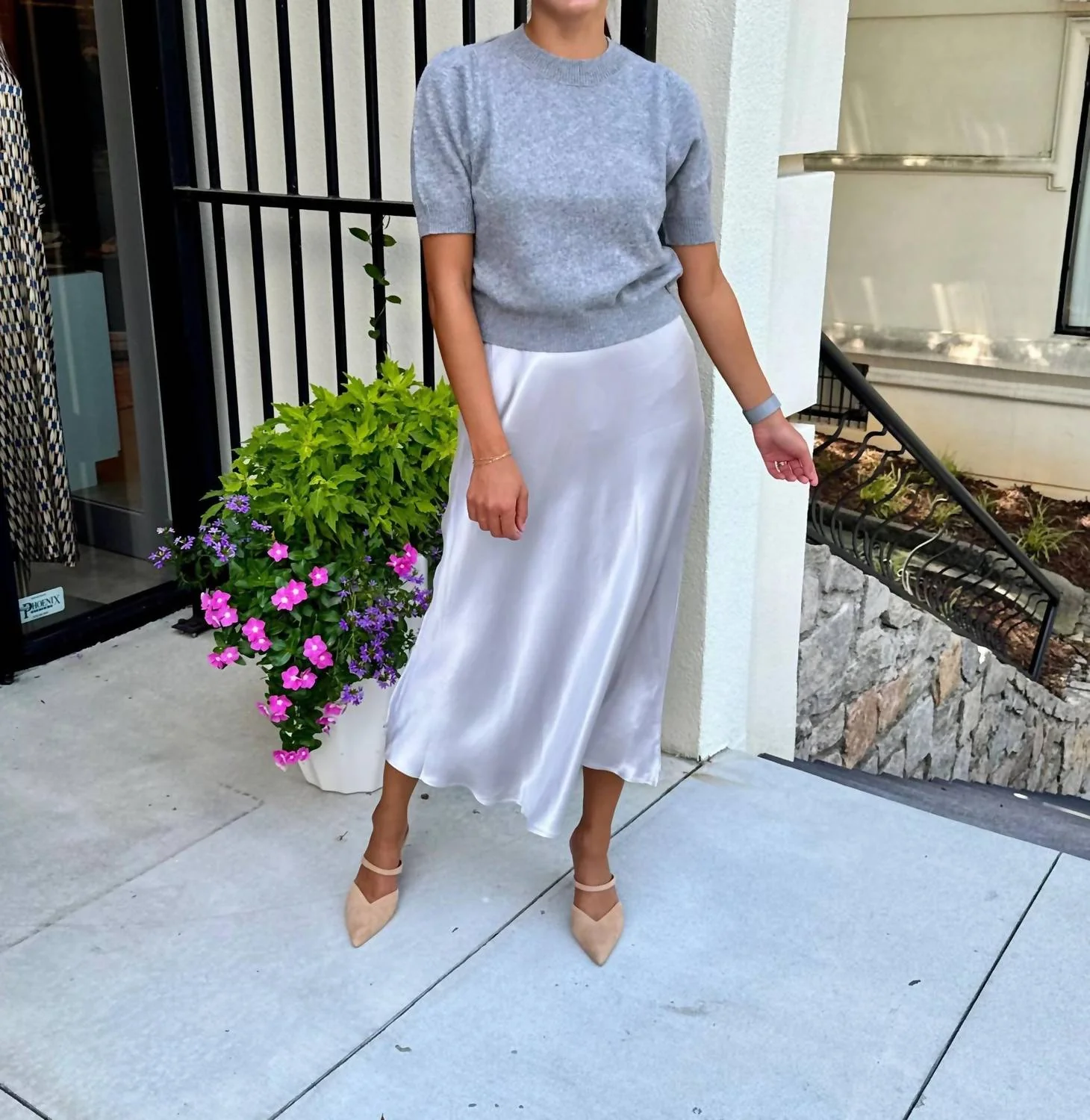 Satin Midi Skirt In Silver Birch